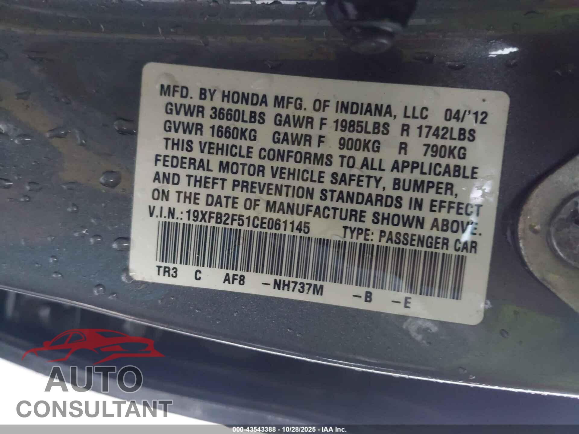 HONDA CIVIC 2012 - 19XFB2F51CE061145