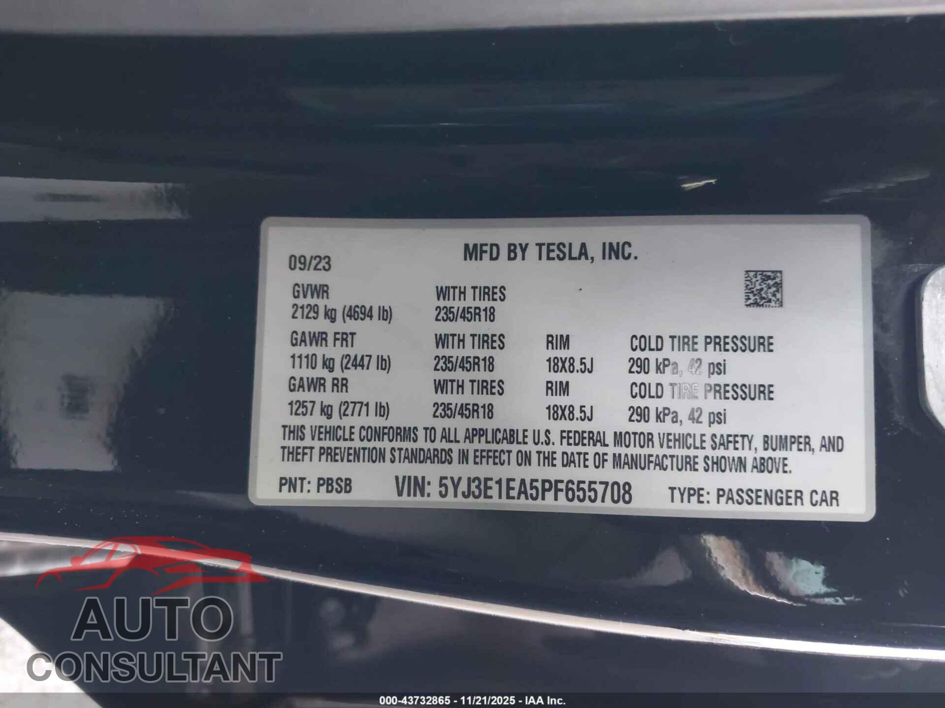 TESLA MODEL 3 2023 - 5YJ3E1EA5PF655708