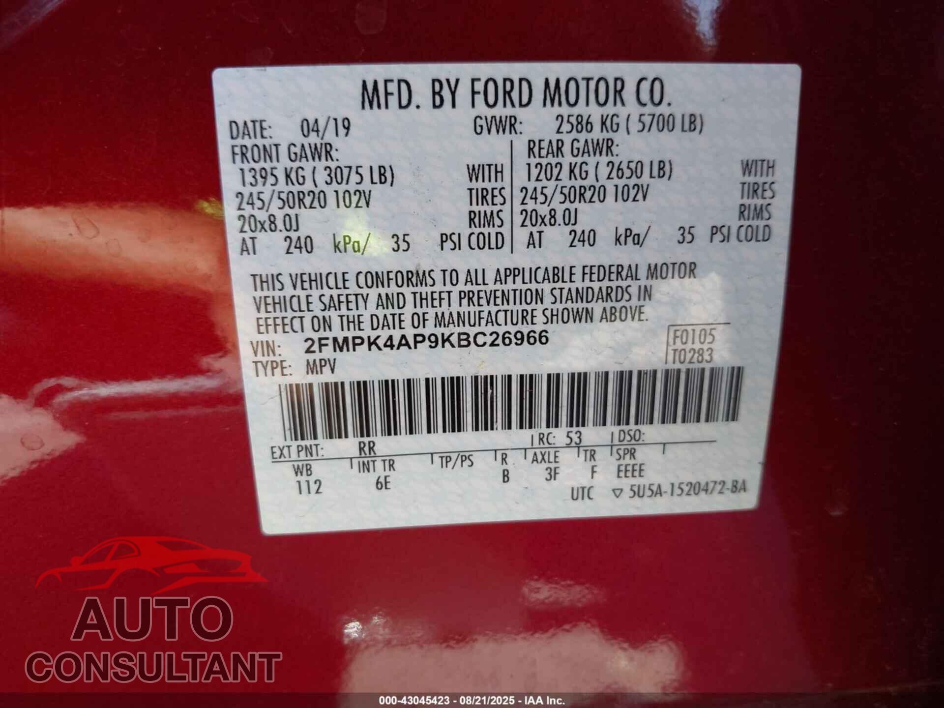 FORD EDGE 2019 - 2FMPK4AP9KBC26966