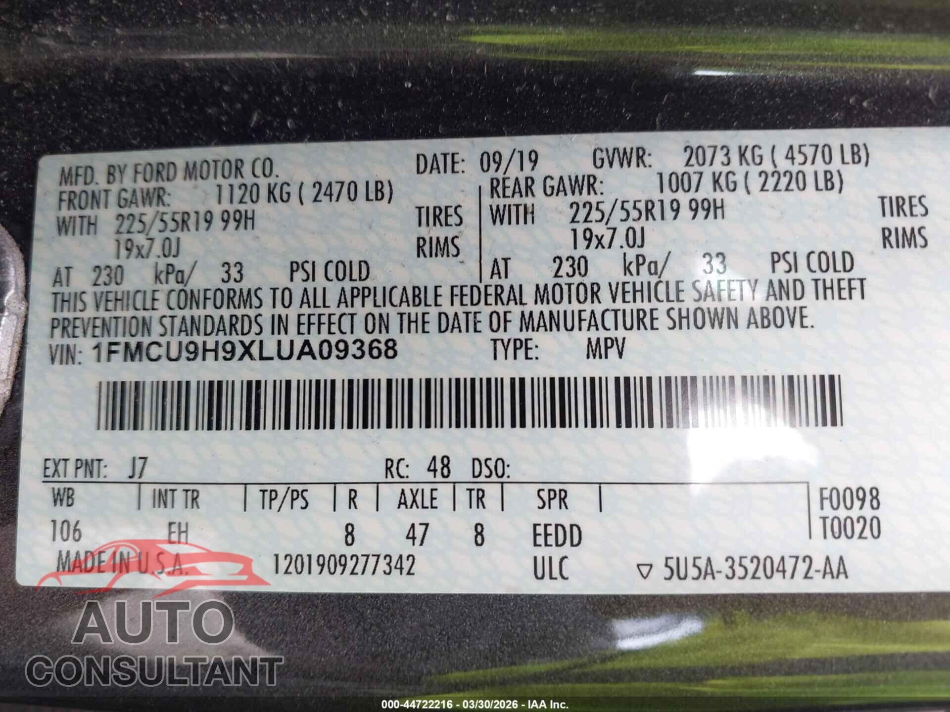 FORD ESCAPE 2020 - 1FMCU9H9XLUA09368