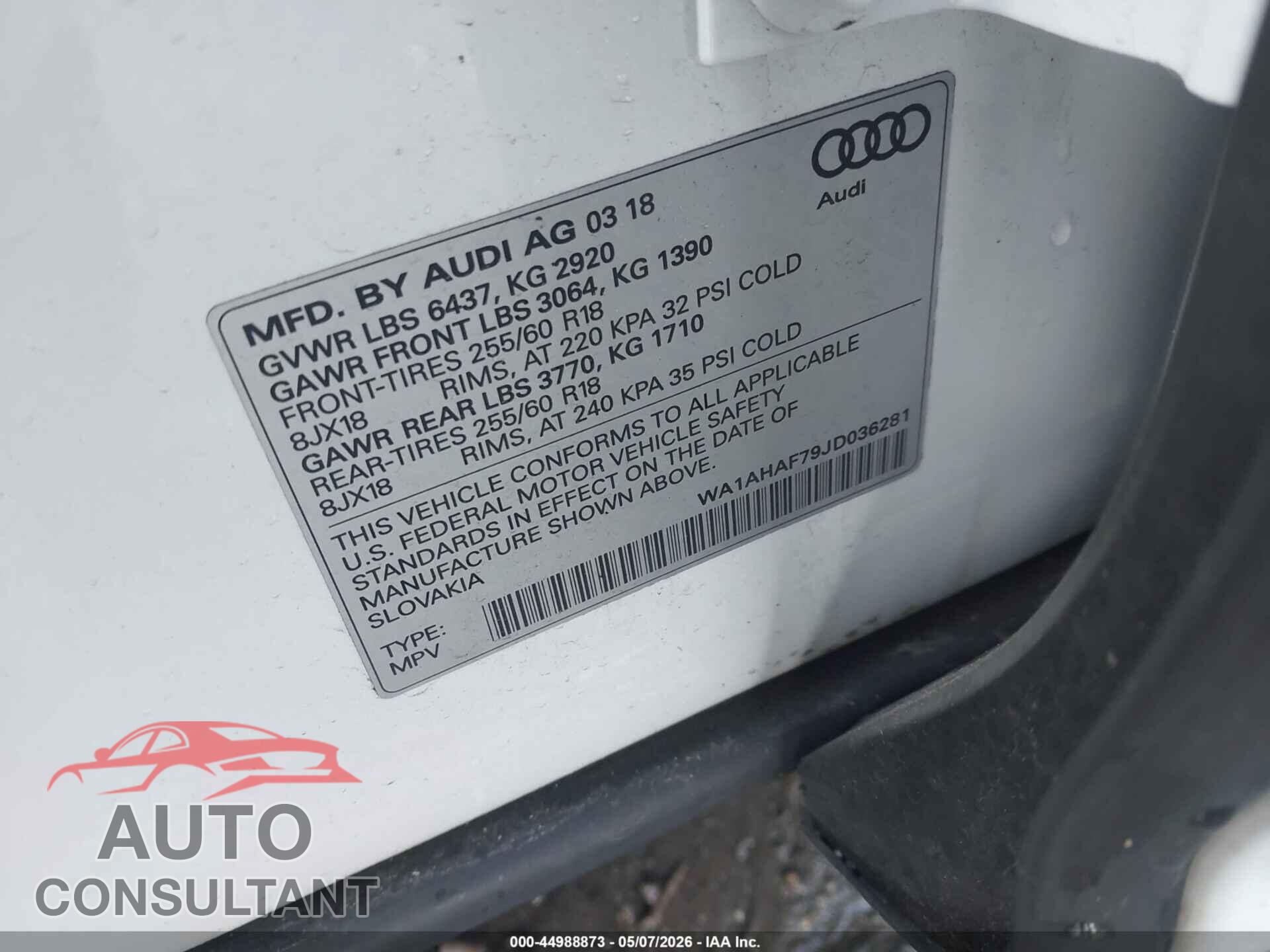 AUDI Q7 2018 - WA1AHAF79JD036281