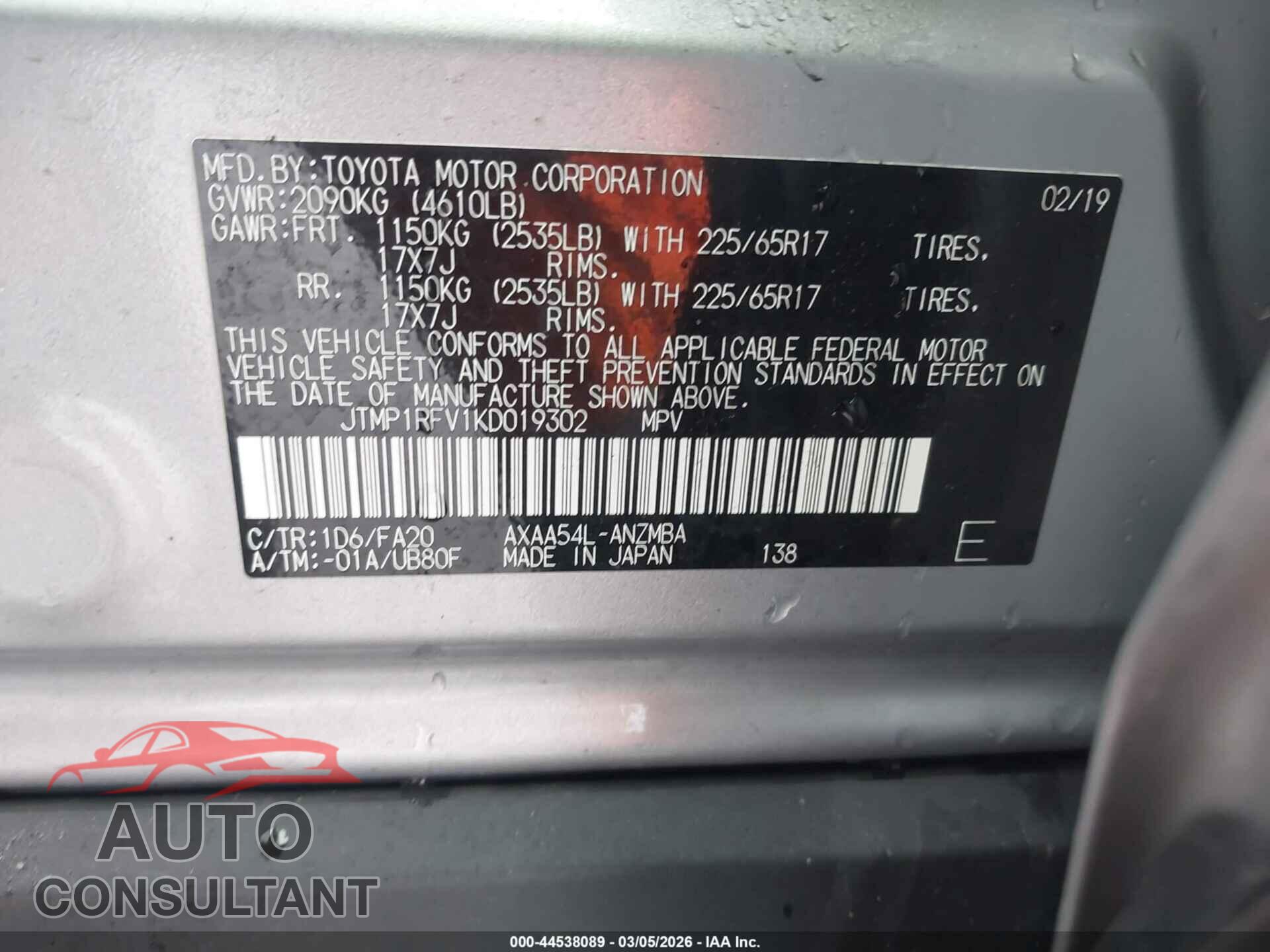 TOYOTA RAV4 2019 - JTMP1RFV1KD019302