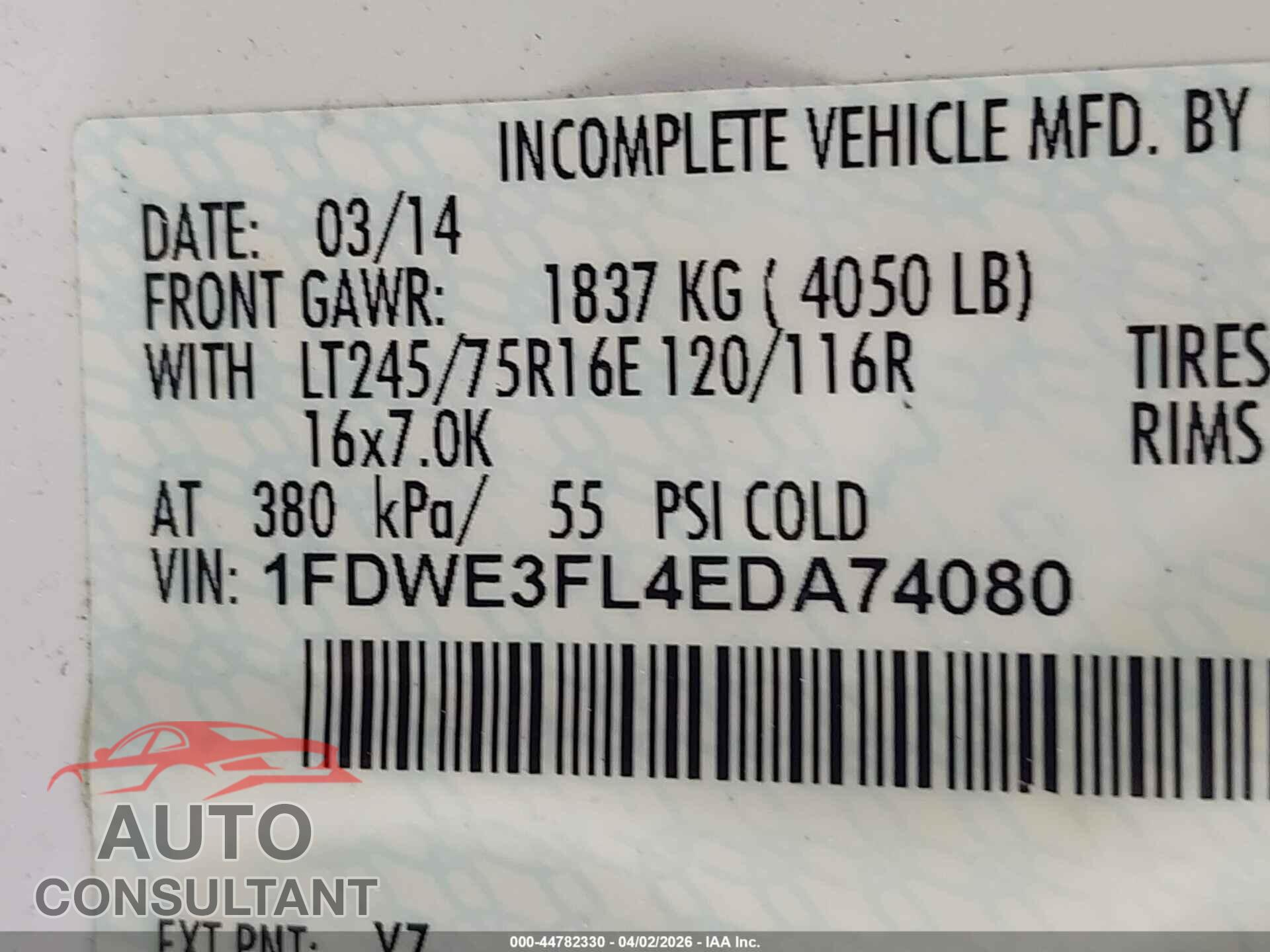 FORD E-350 CUTAWAY 2014 - 1FDWE3FL4EDA74080