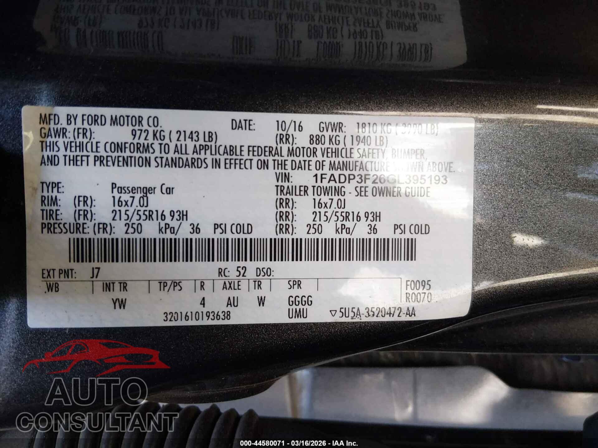 FORD FOCUS 2016 - 1FADP3F26GL395193