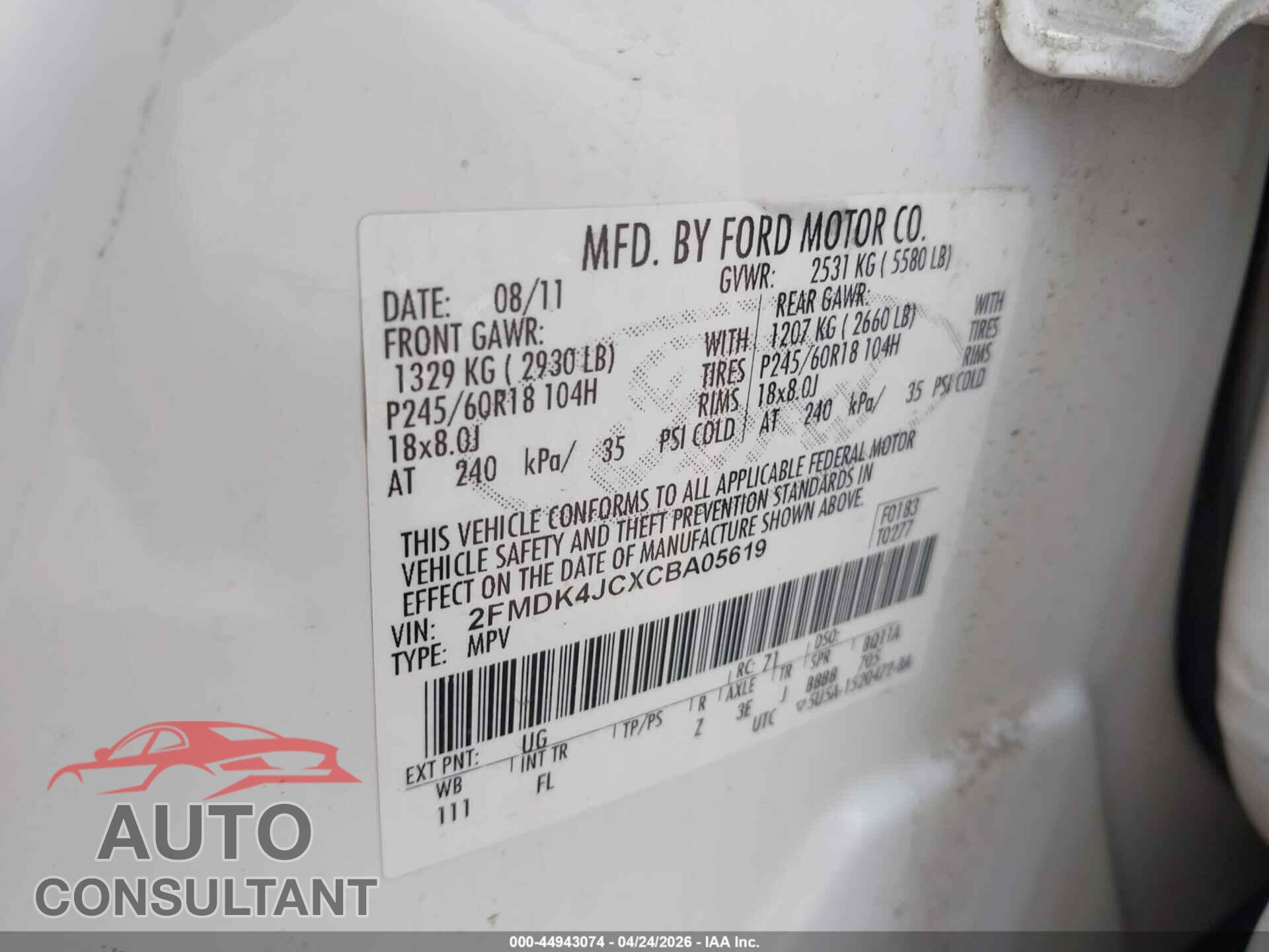 FORD EDGE 2012 - 2FMDK4JCXCBA05619