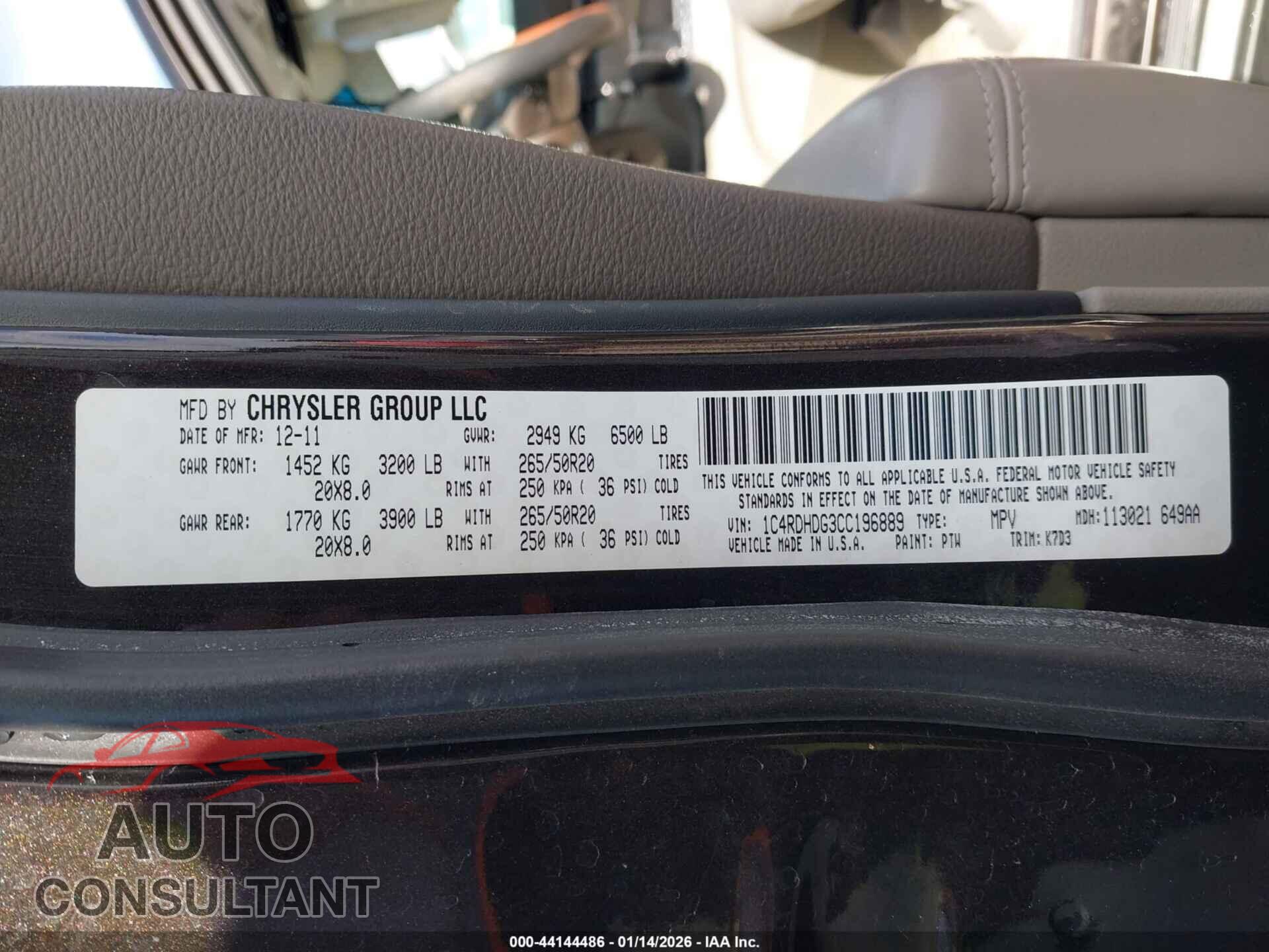 DODGE DURANGO 2012 - 1C4RDHDG3CC196889