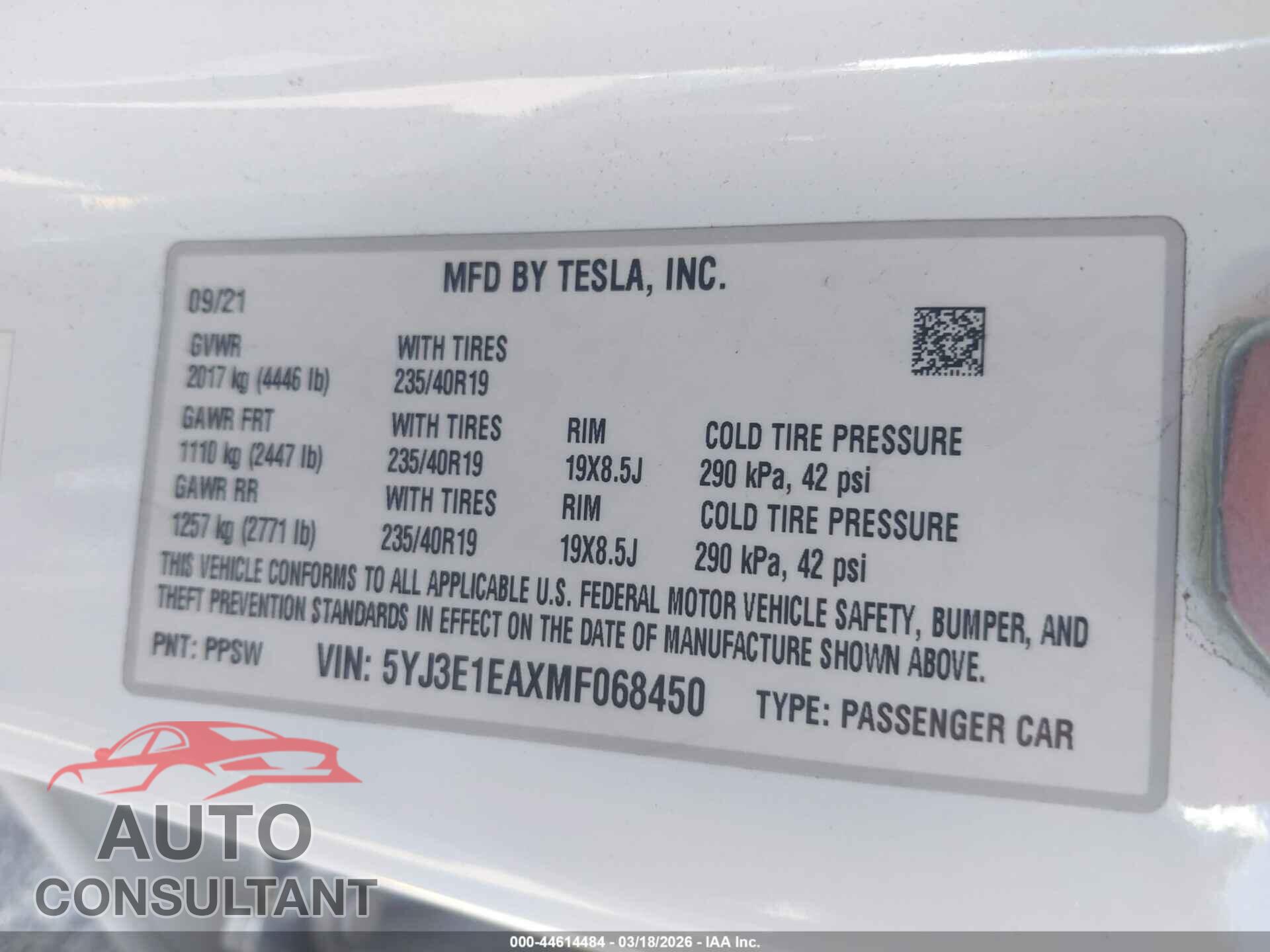 TESLA MODEL 3 2021 - 5YJ3E1EAXMF068450
