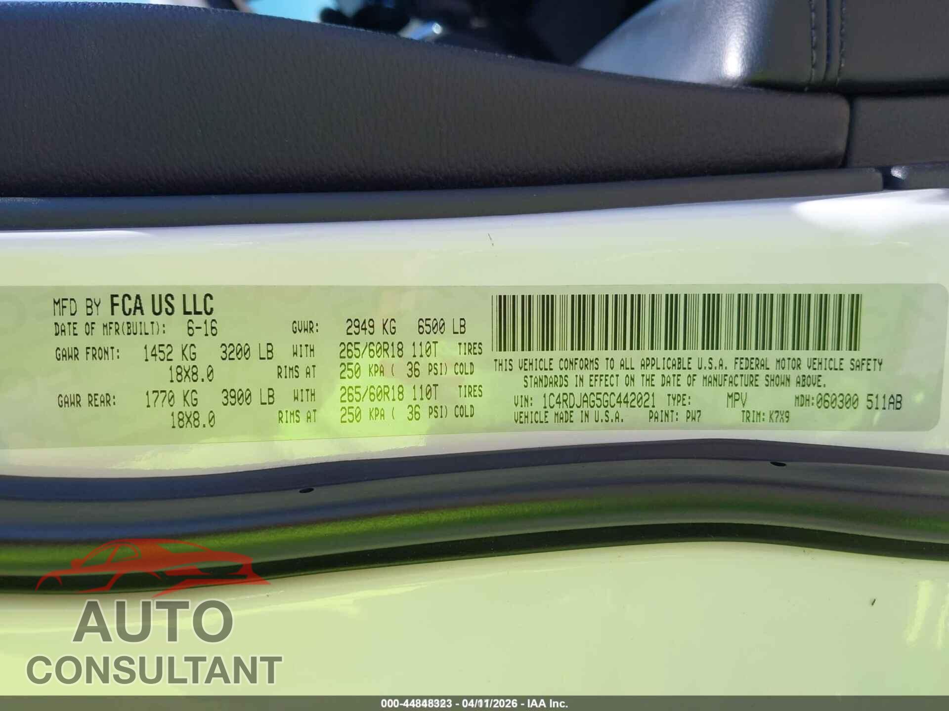 DODGE DURANGO 2016 - 1C4RDJAG5GC442021