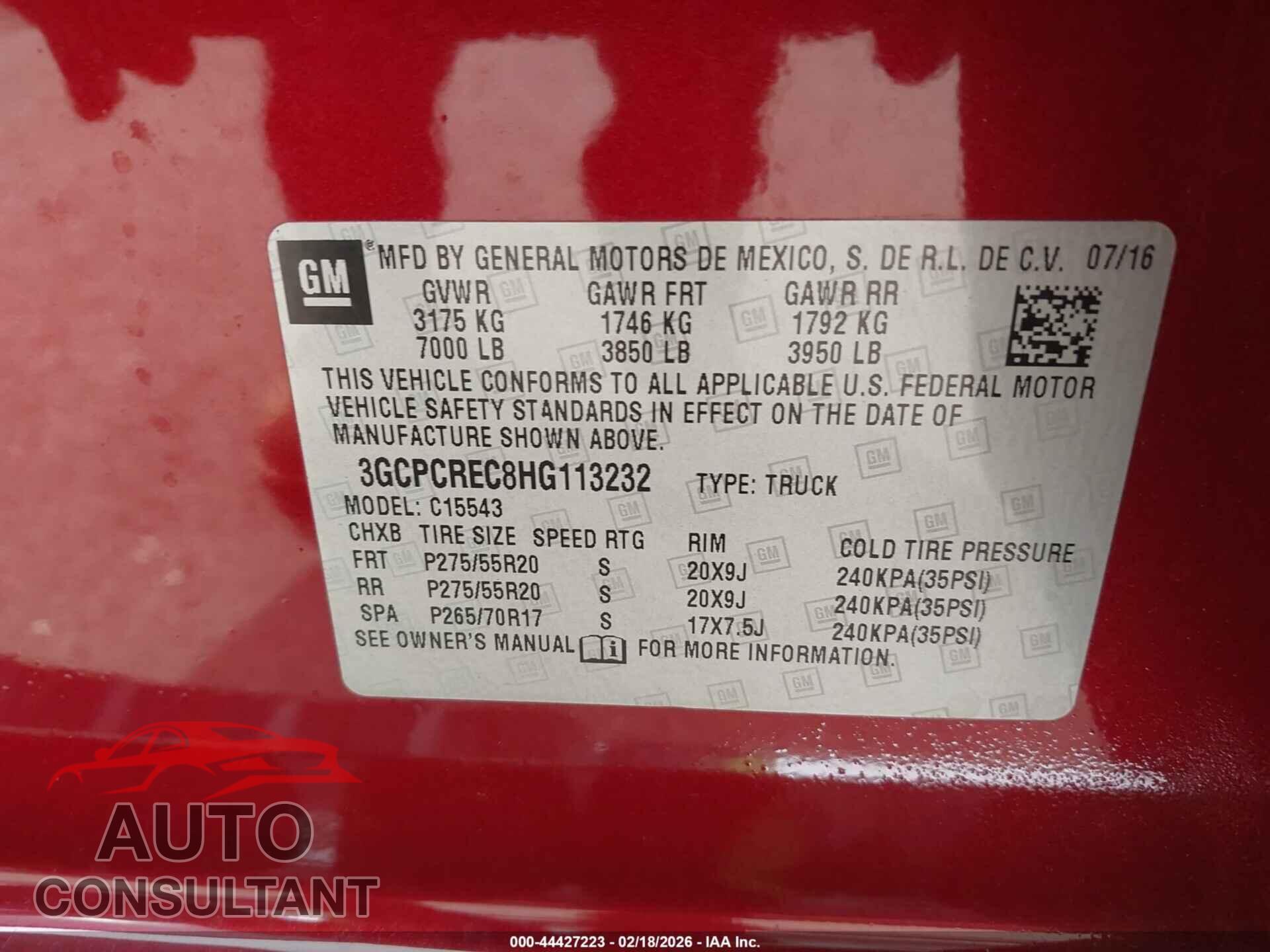 CHEVROLET SILVERADO 1500 2017 - 3GCPCREC8HG113232