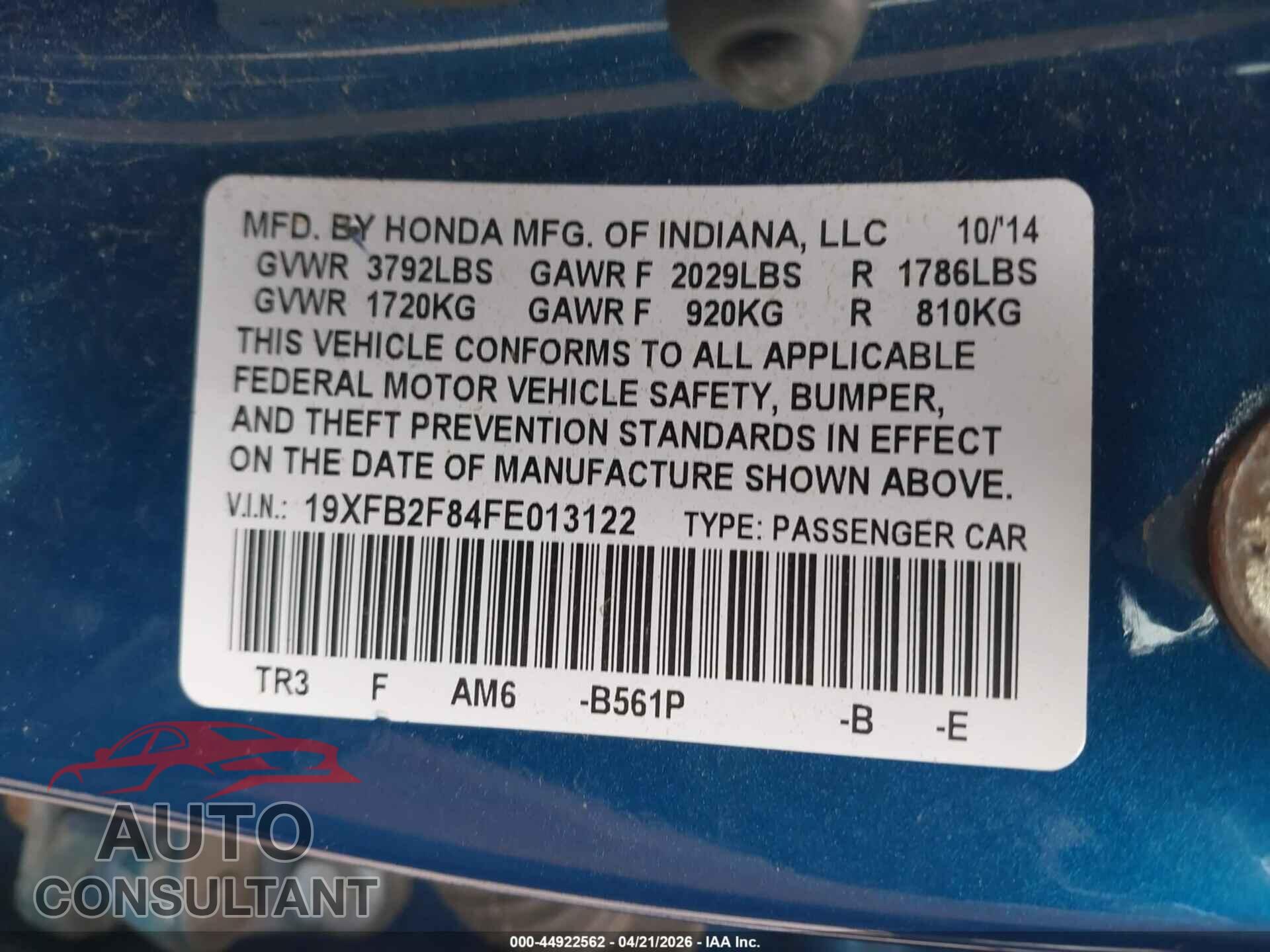 HONDA CIVIC 2015 - 19XFB2F84FE013122