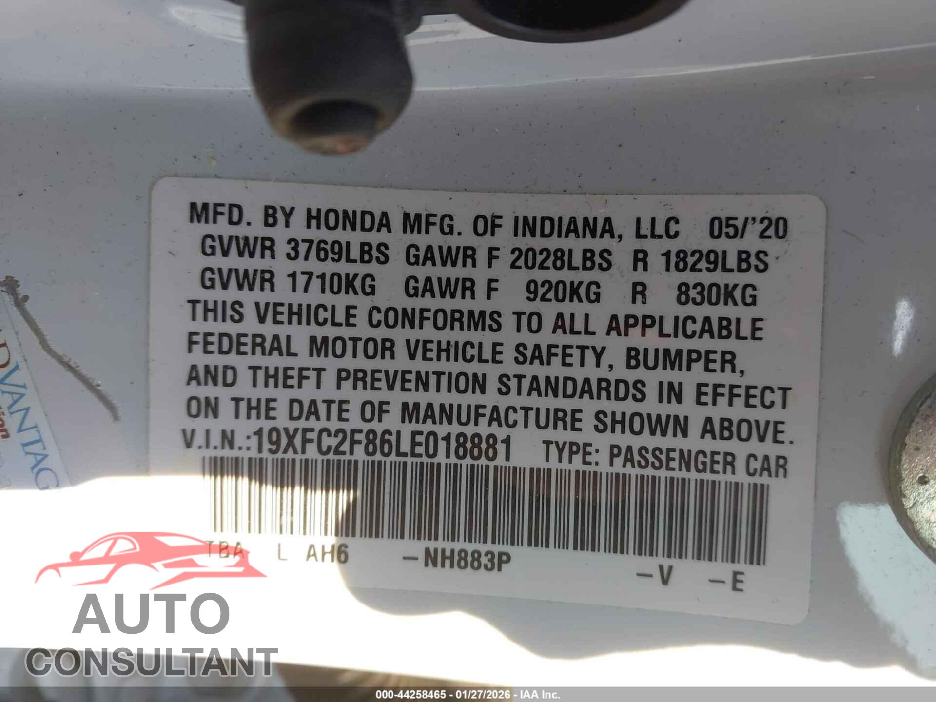 HONDA CIVIC 2020 - 19XFC2F86LE018881
