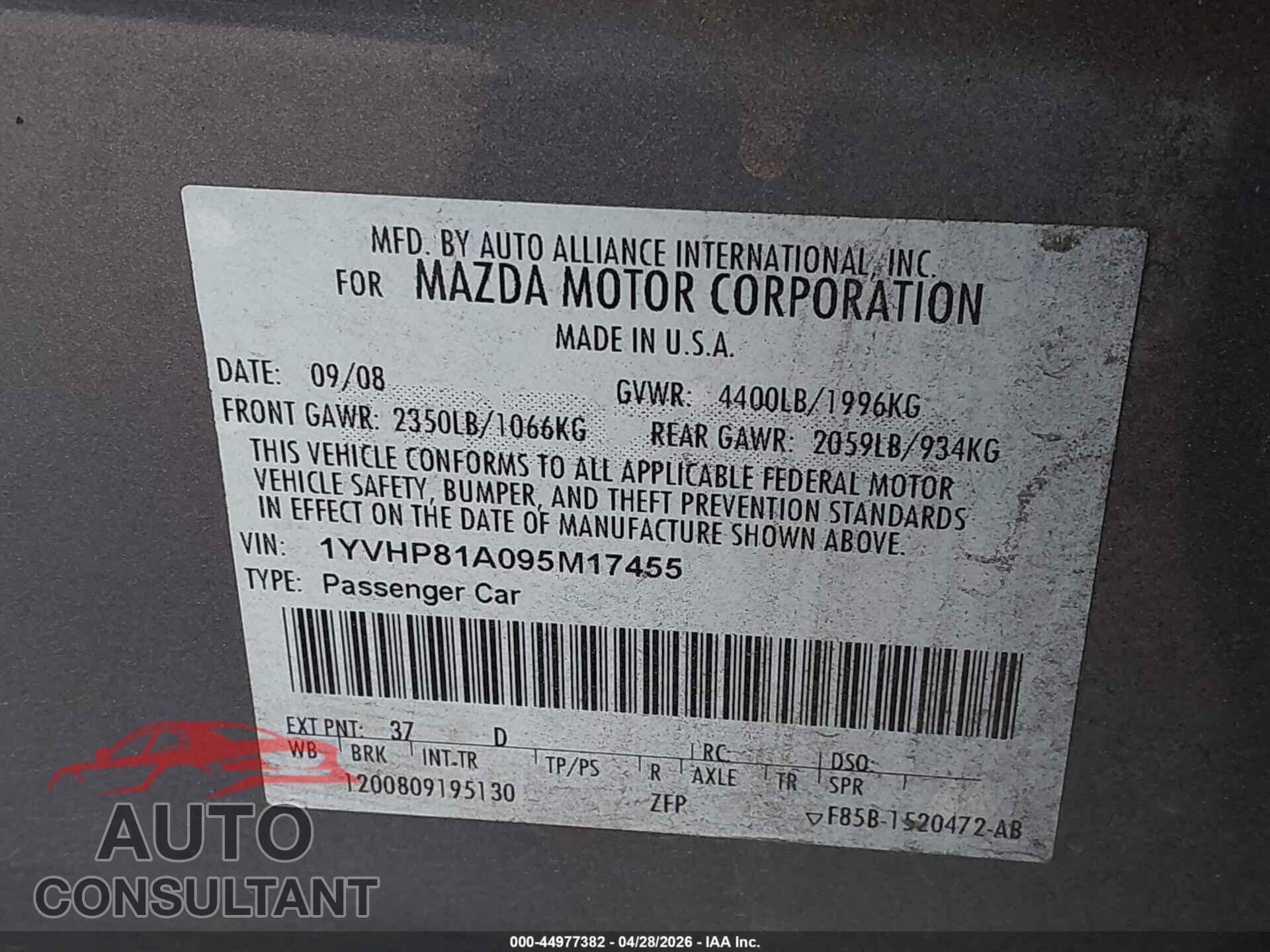 MAZDA MAZDA6 2009 - 1YVHP81A095M17455