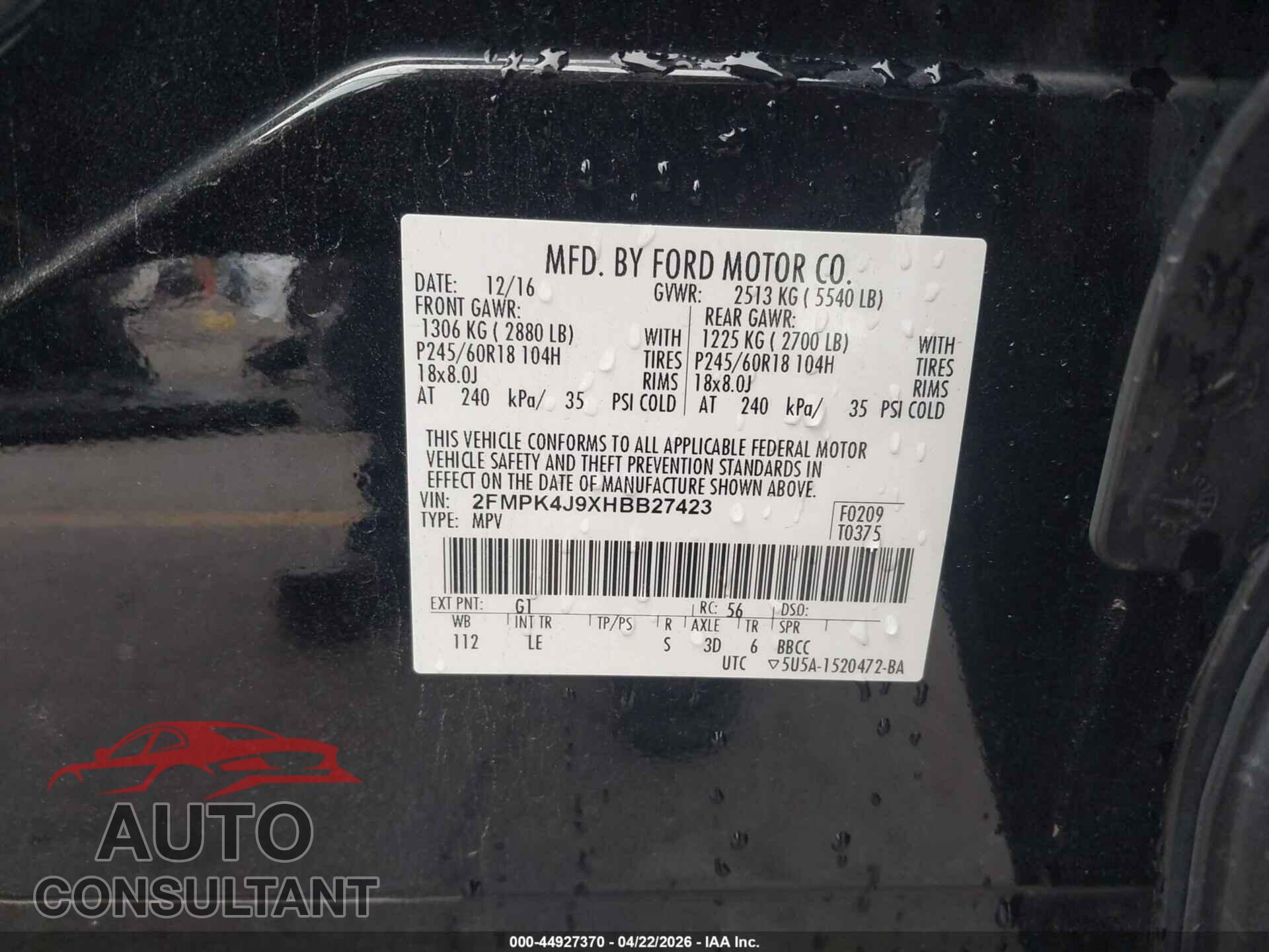 FORD EDGE 2017 - 2FMPK4J9XHBB27423