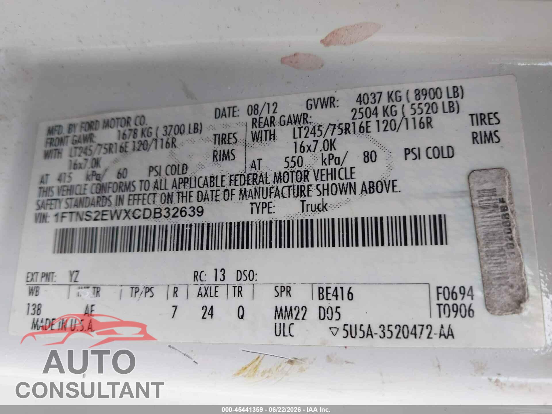 FORD E-250 2012 - 1FTNS2EWXCDB32639