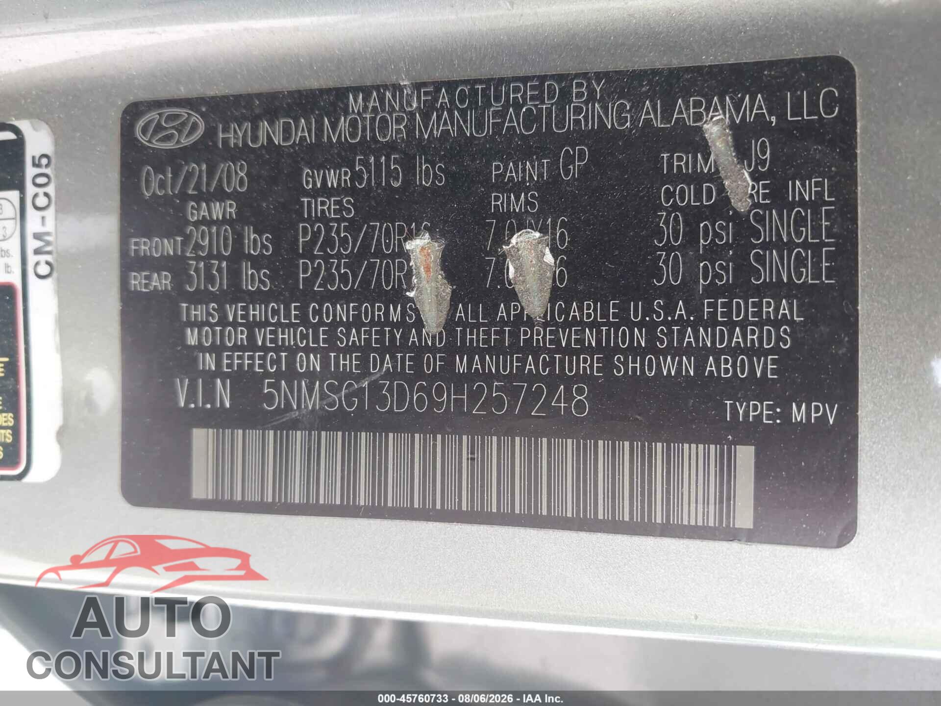 HYUNDAI SANTA FE 2009 - 5NMSG13D69H257248