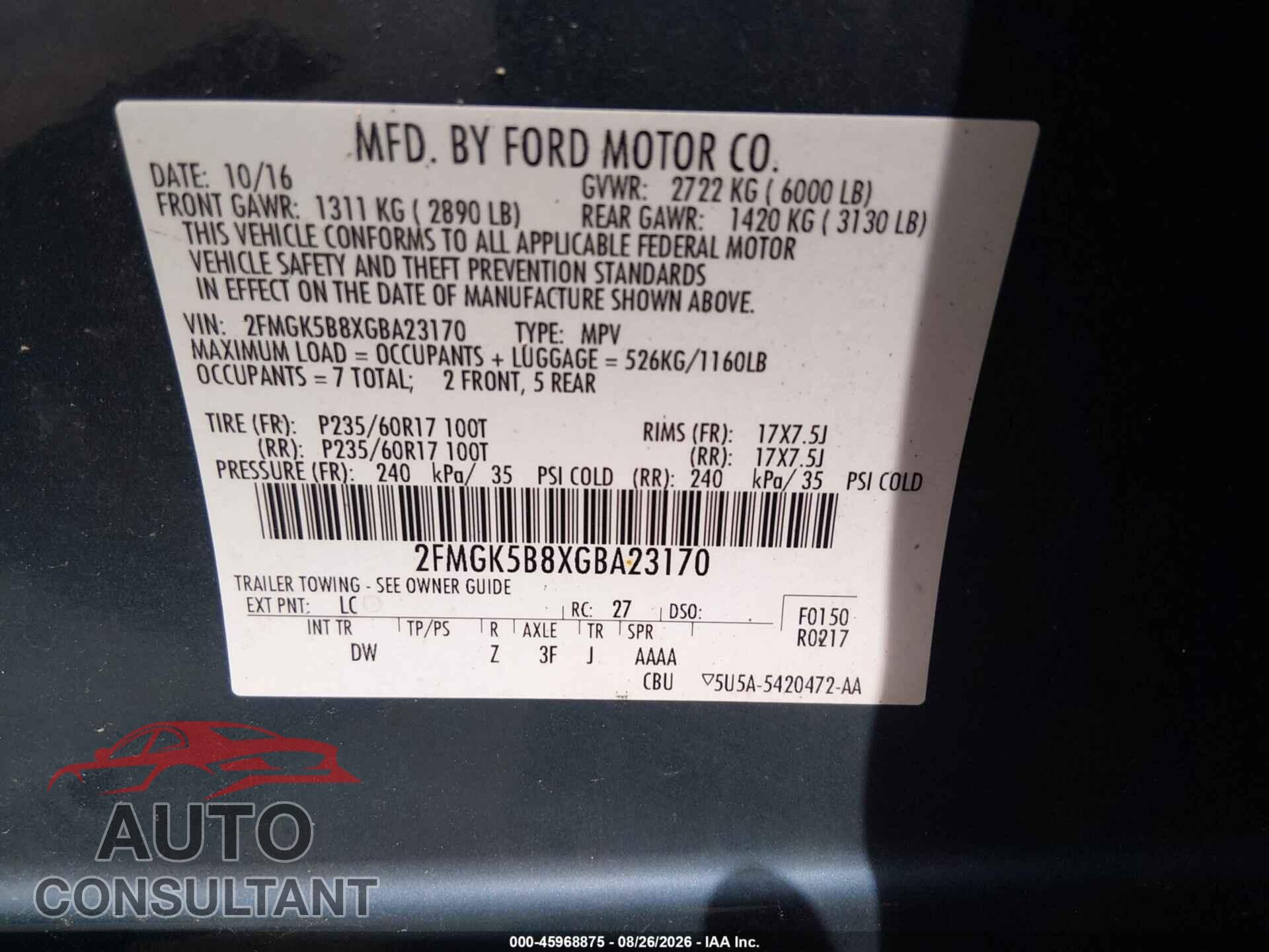 FORD FLEX 2016 - 2FMGK5B8XGBA23170