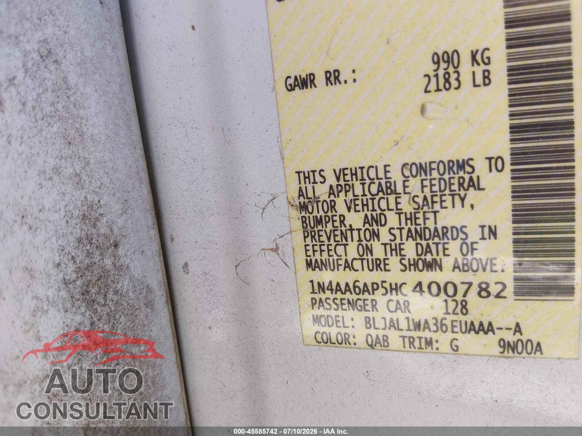 NISSAN MAXIMA 2017 - 1N4AA6AP5HC400782