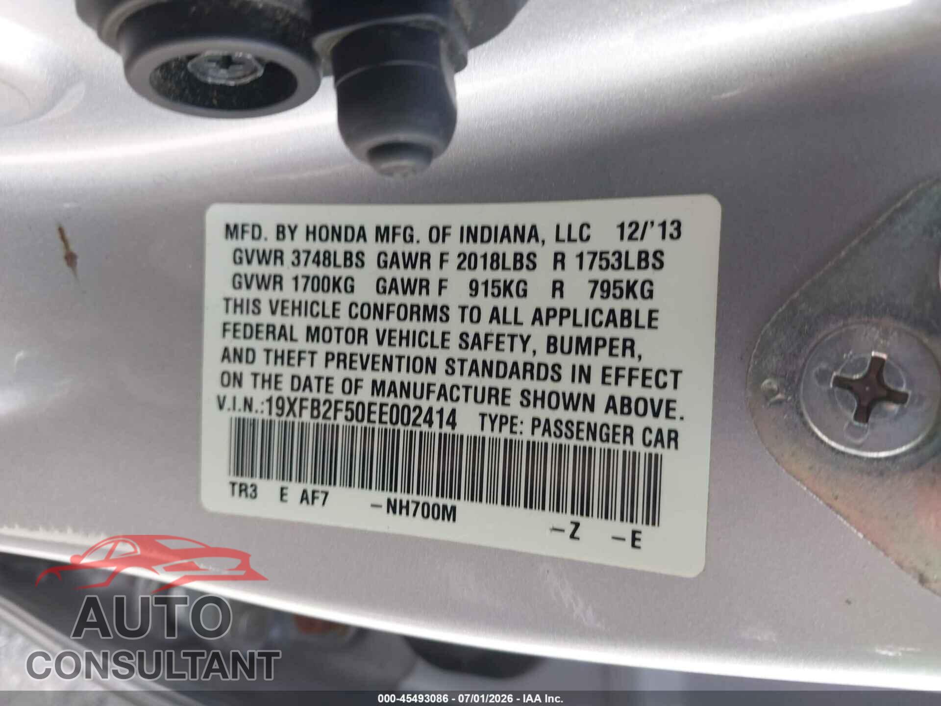 HONDA CIVIC 2014 - 19XFB2F50EE002414