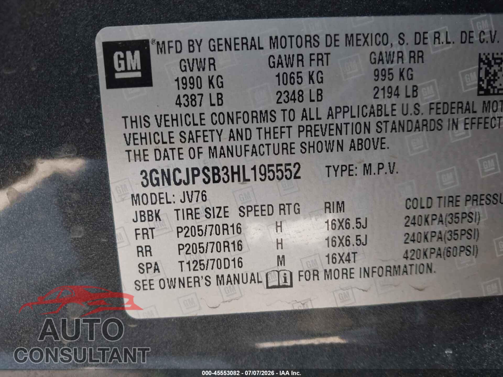 CHEVROLET TRAX 2017 - 3GNCJPSB3HL195552