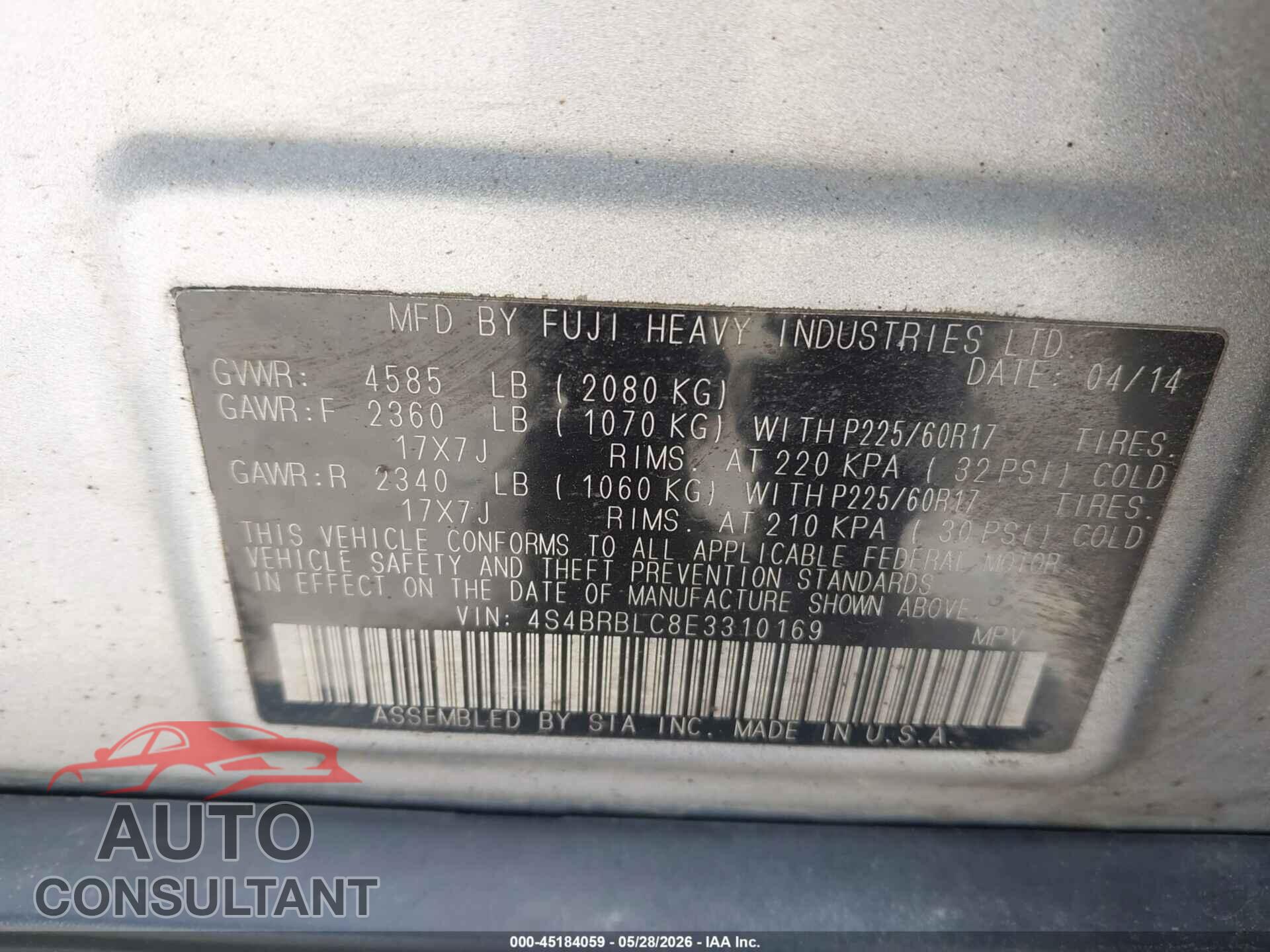 SUBARU OUTBACK 2014 - 4S4BRBLC8E3310169