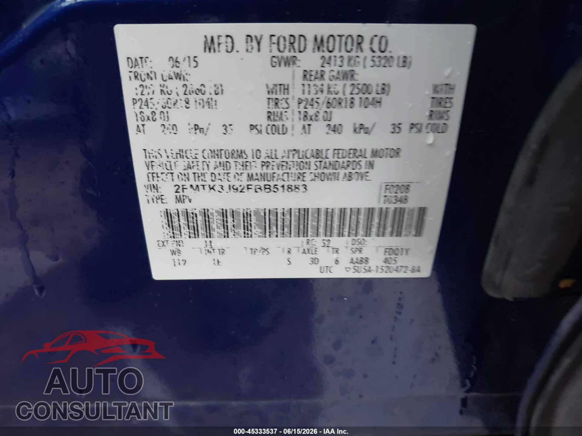 FORD EDGE 2015 - 2FMTK3J92FBB51883