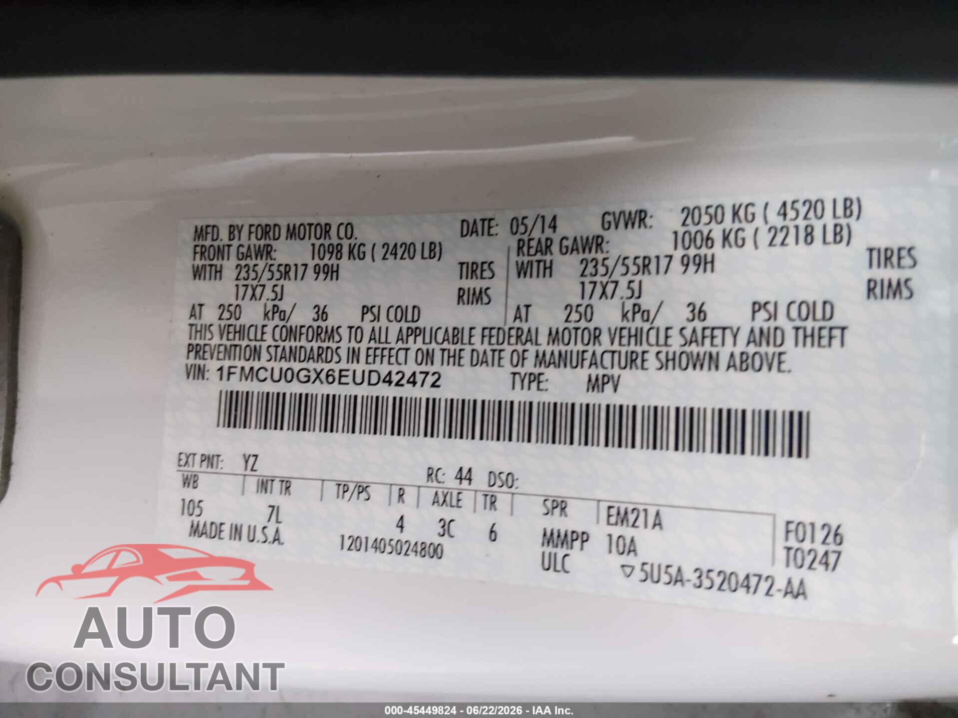 FORD ESCAPE 2014 - 1FMCU0GX6EUD42472