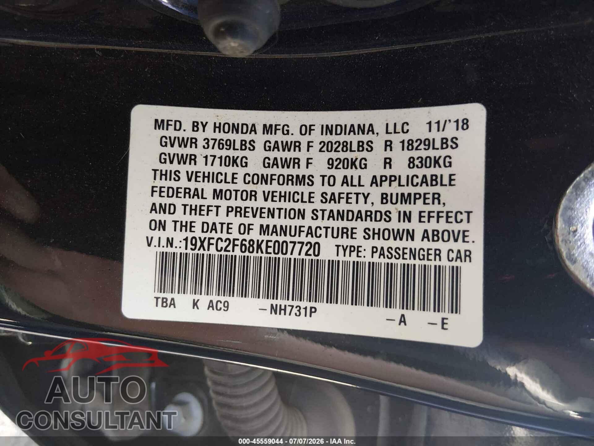 HONDA CIVIC 2019 - 19XFC2F68KE007720