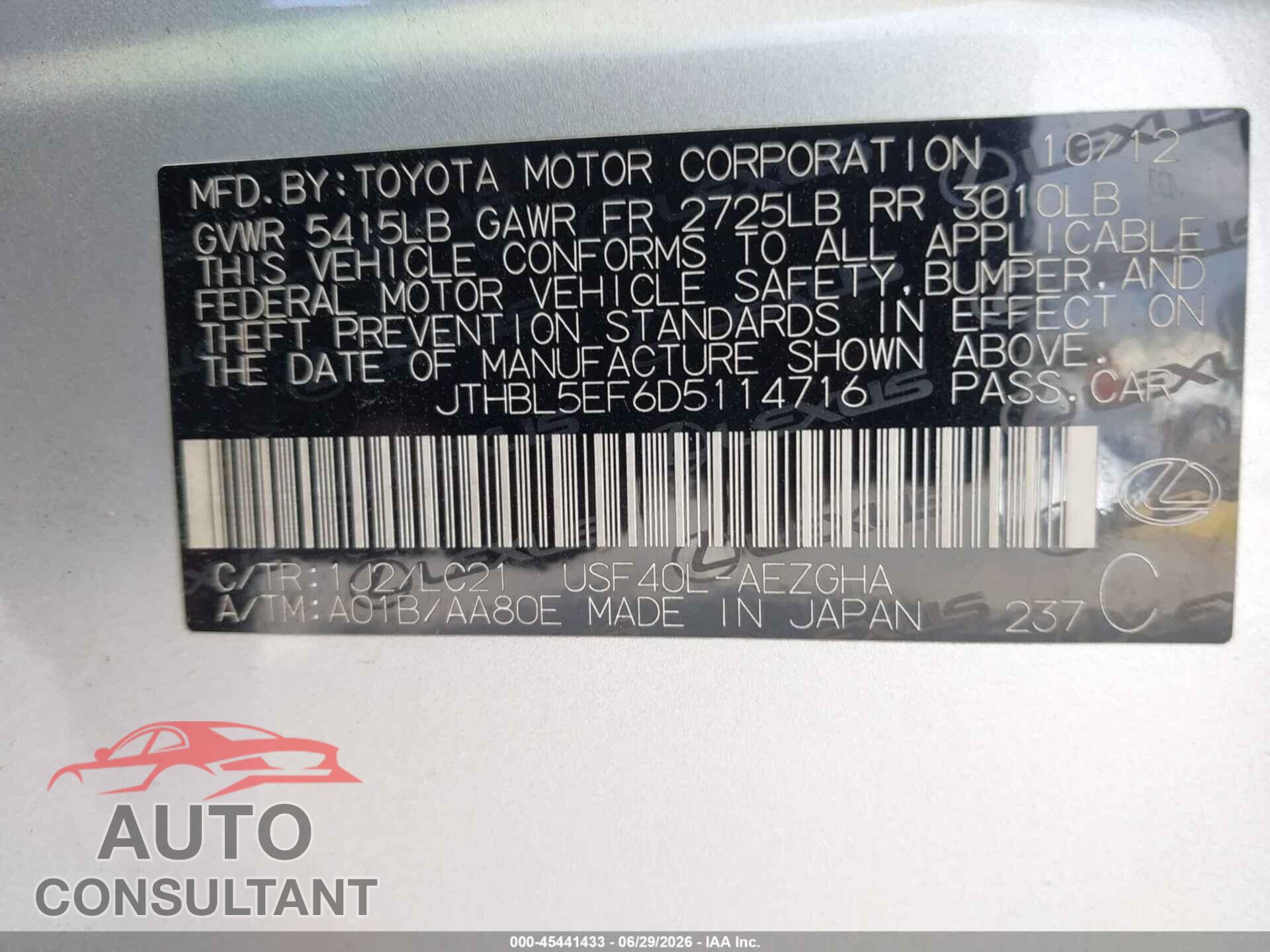 LEXUS LS 460 2013 - JTHBL5EF6D5114716