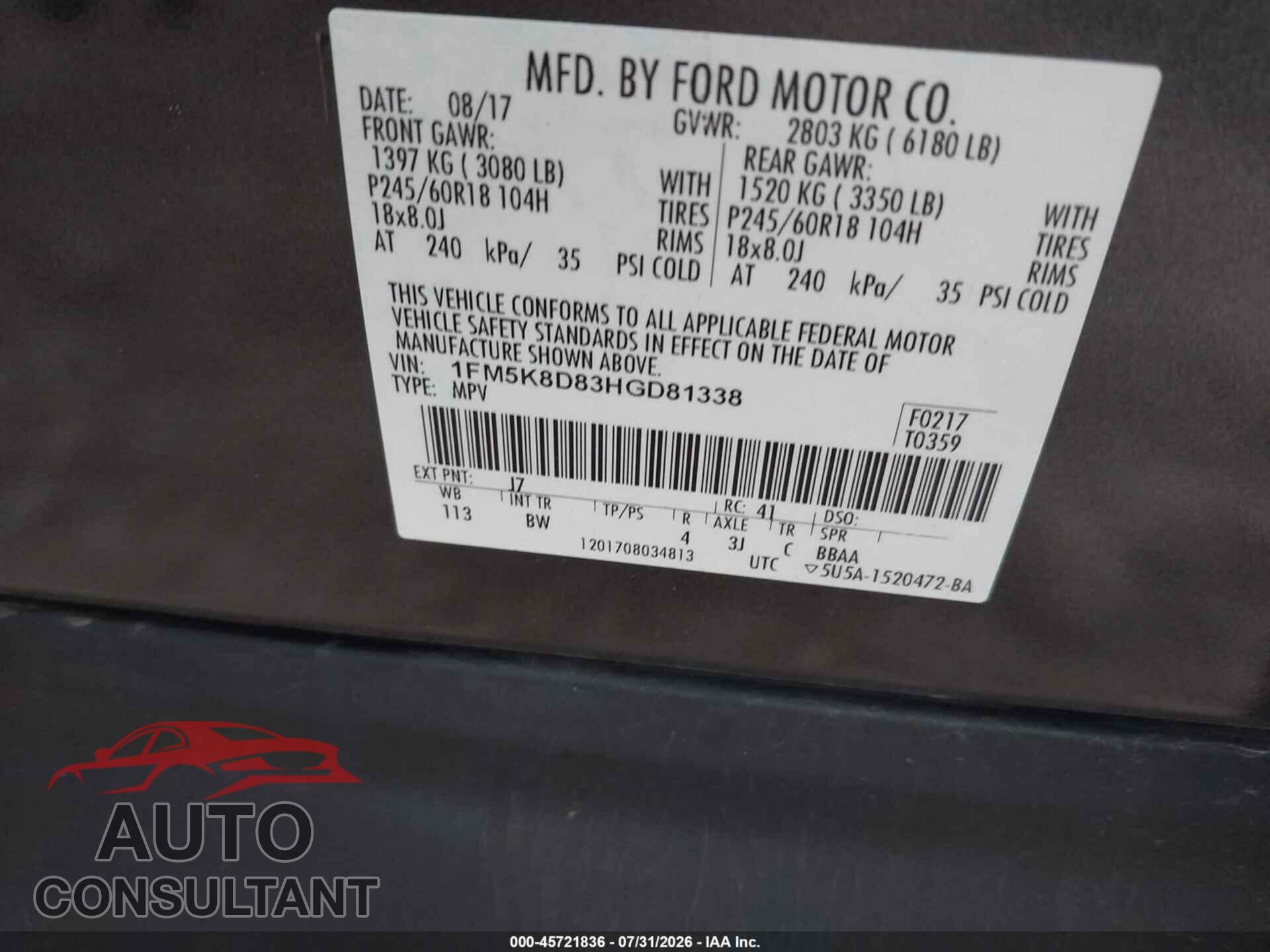 FORD EXPLORER 2017 - 1FM5K8D83HGD81338