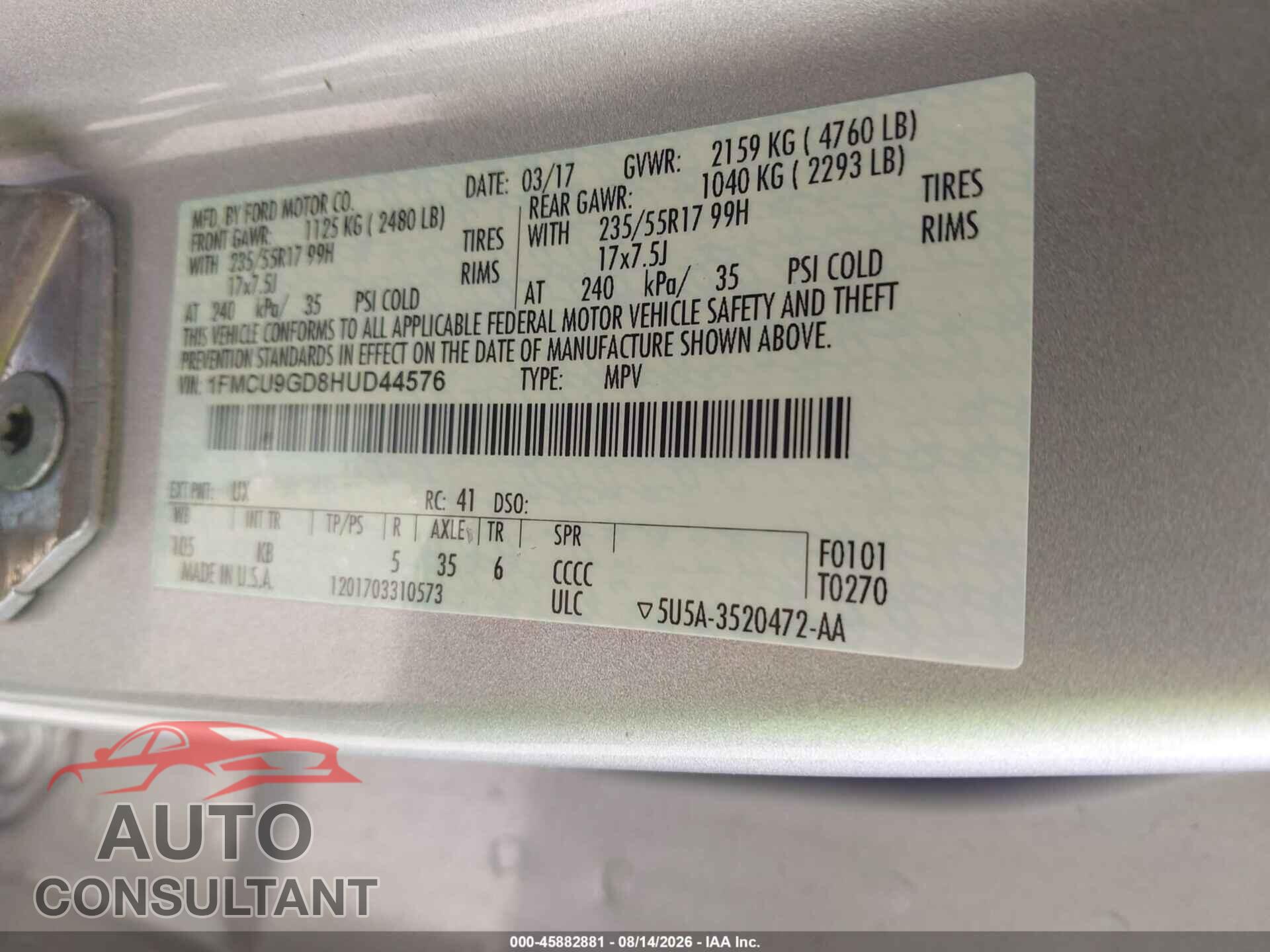 FORD ESCAPE 2017 - 1FMCU9GD8HUD44576