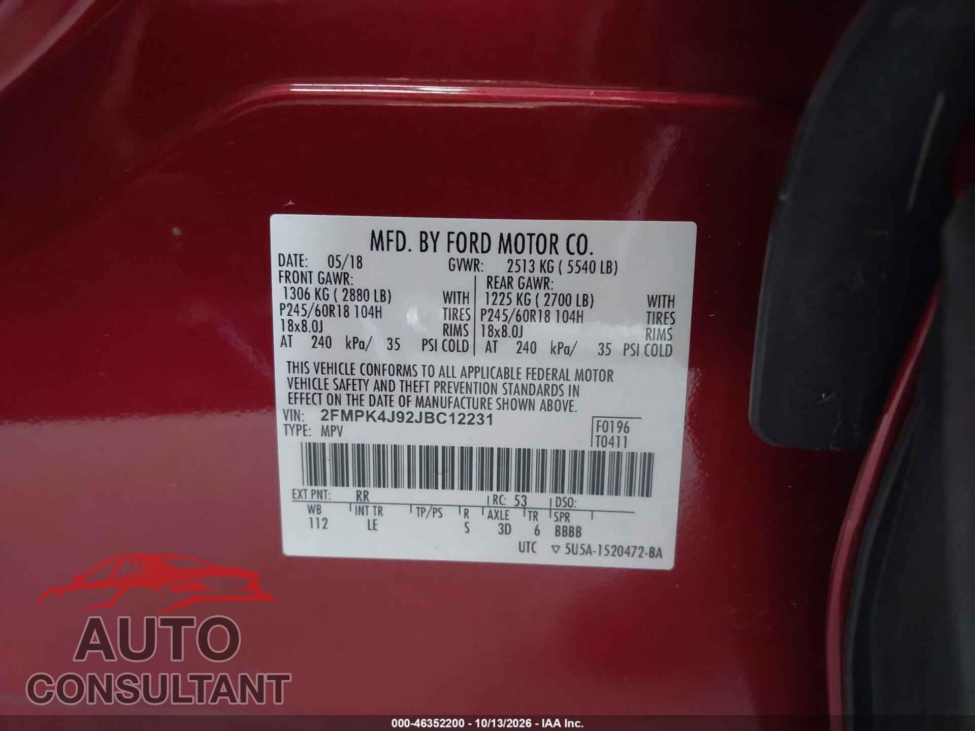 FORD EDGE 2018 - 2FMPK4J92JBC12231