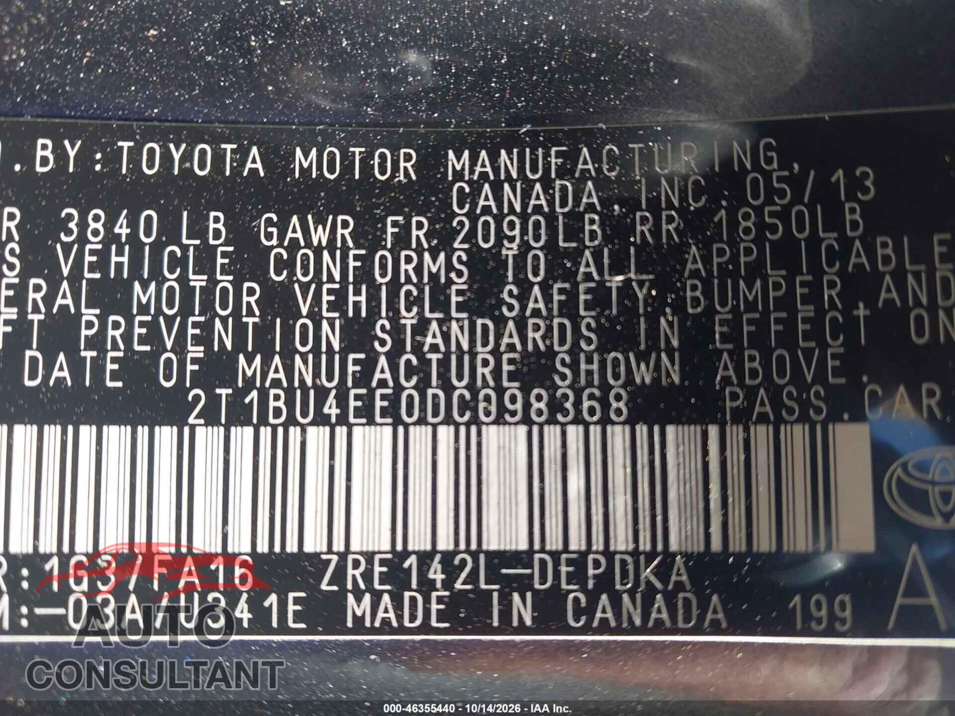 TOYOTA COROLLA 2013 - 2T1BU4EE0DC098368