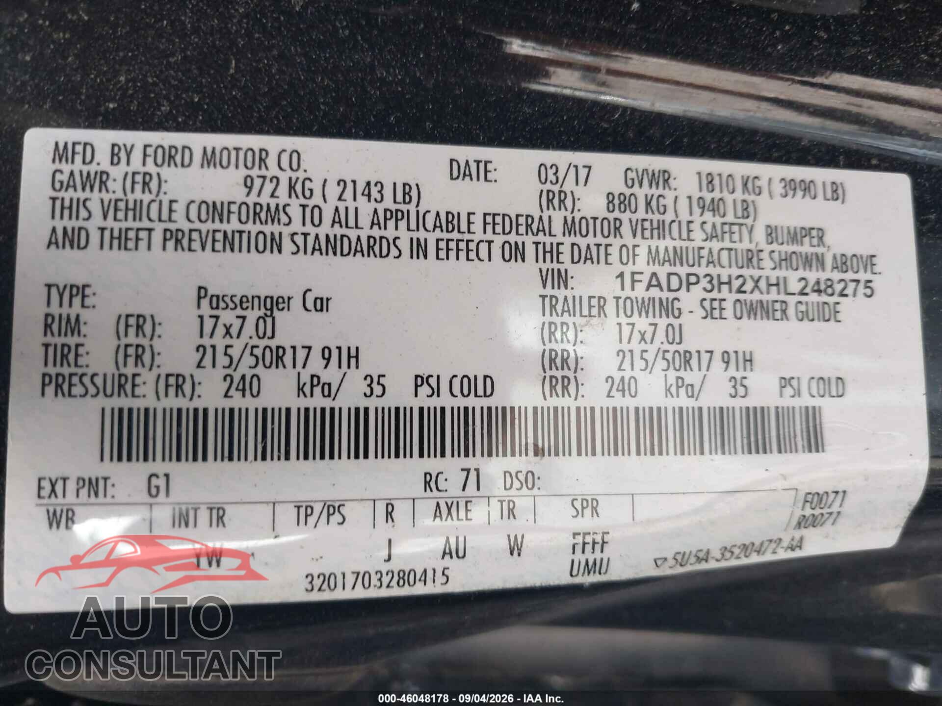 FORD FOCUS 2017 - 1FADP3H2XHL248275
