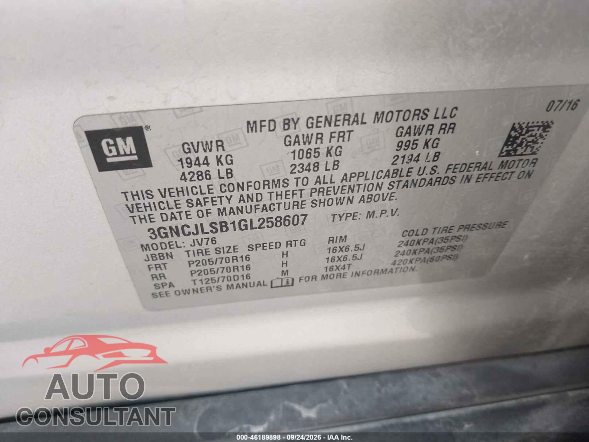 CHEVROLET TRAX 2016 - 3GNCJLSB1GL258607