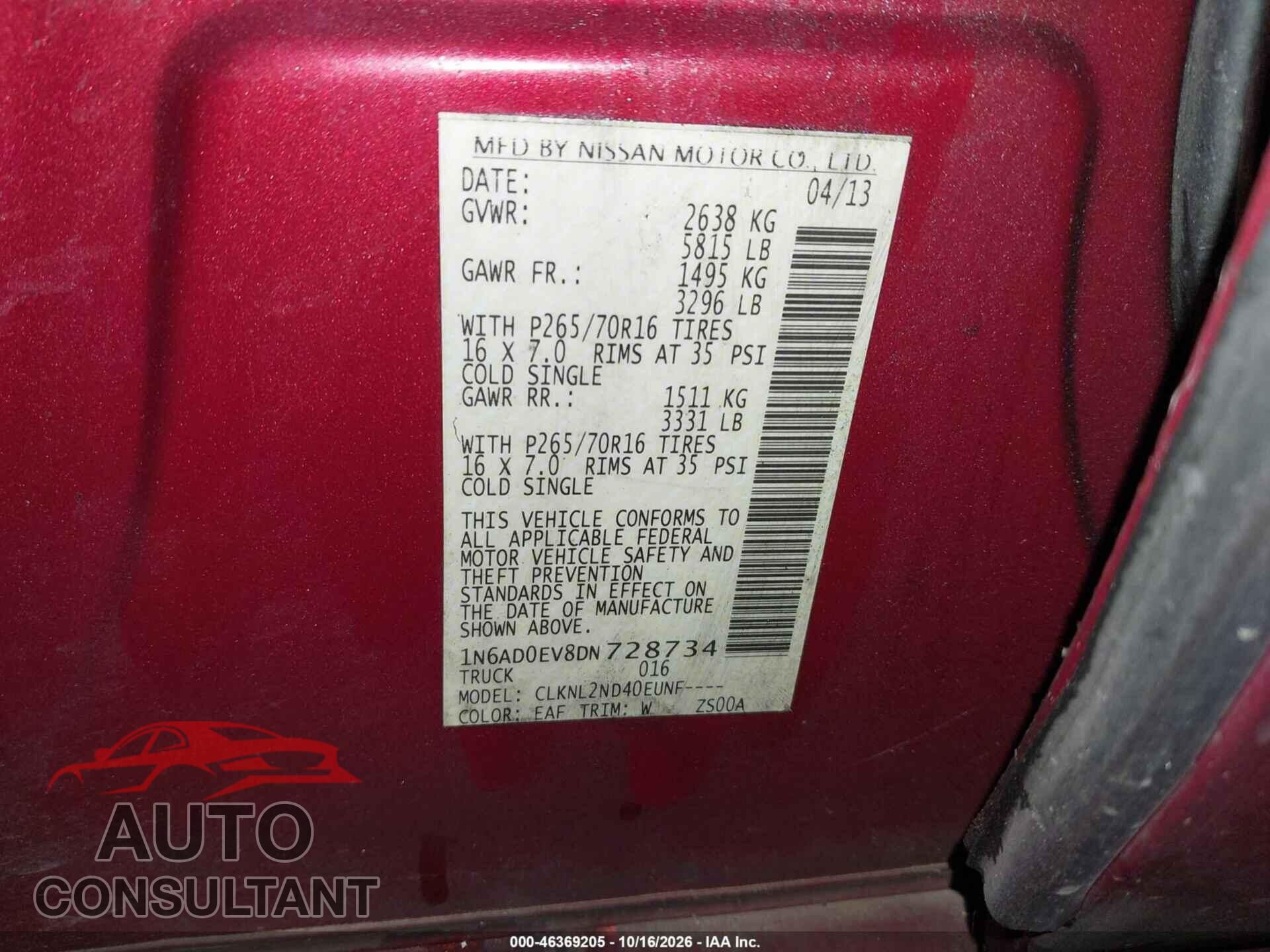 NISSAN FRONTIER 2013 - 1N6AD0EV8DN728734