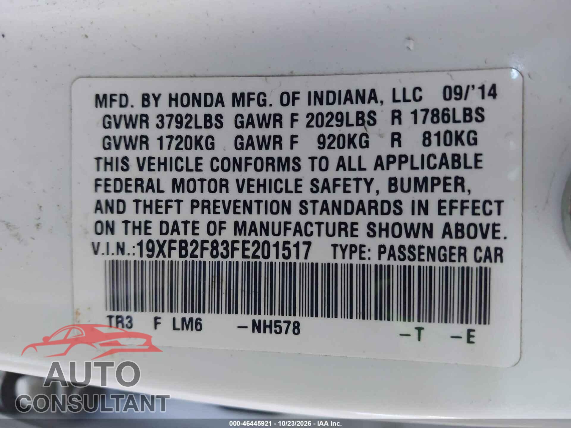 HONDA CIVIC 2015 - 19XFB2F83FE201517