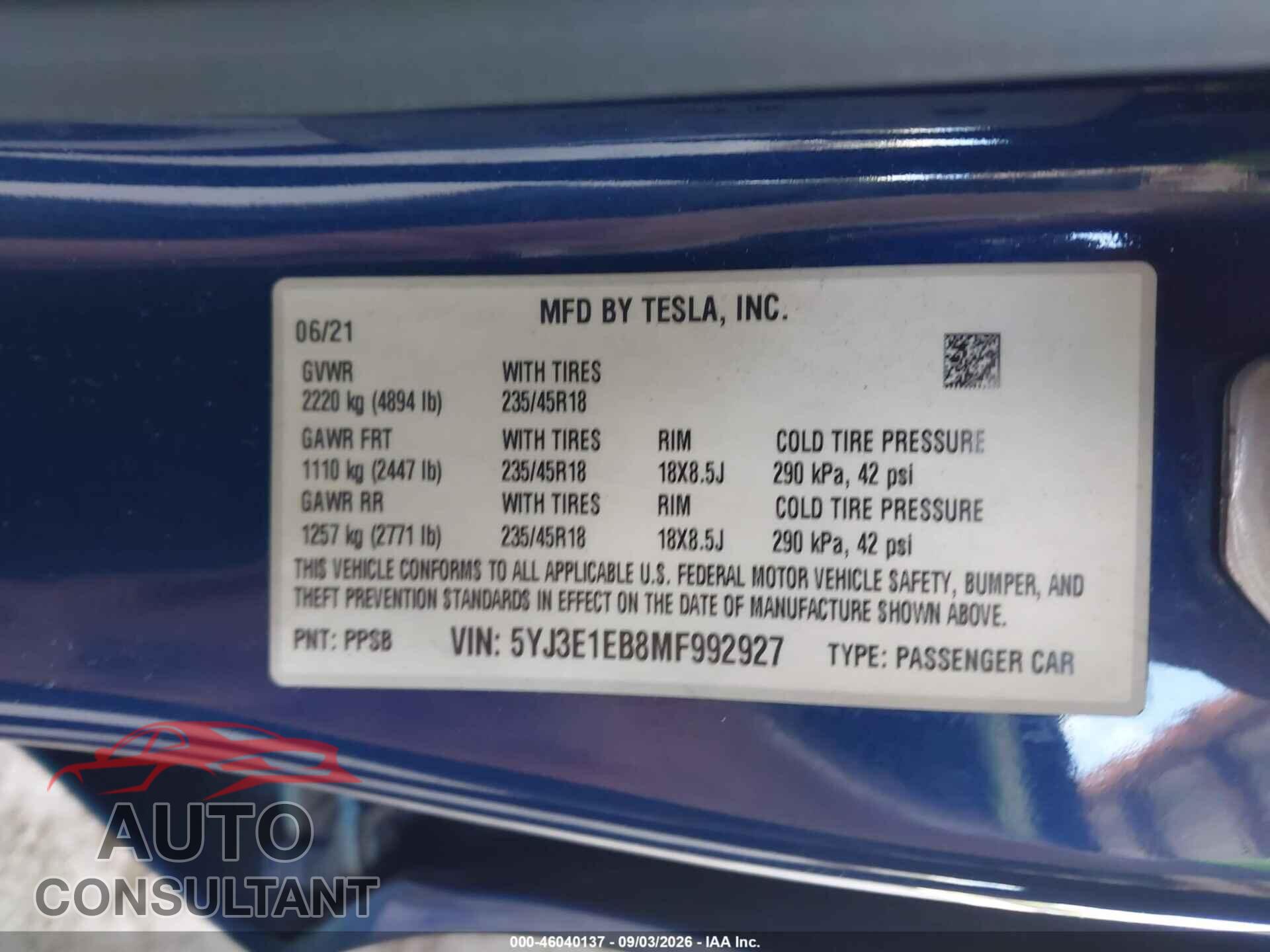TESLA MODEL 3 2021 - 5YJ3E1EB8MF992927