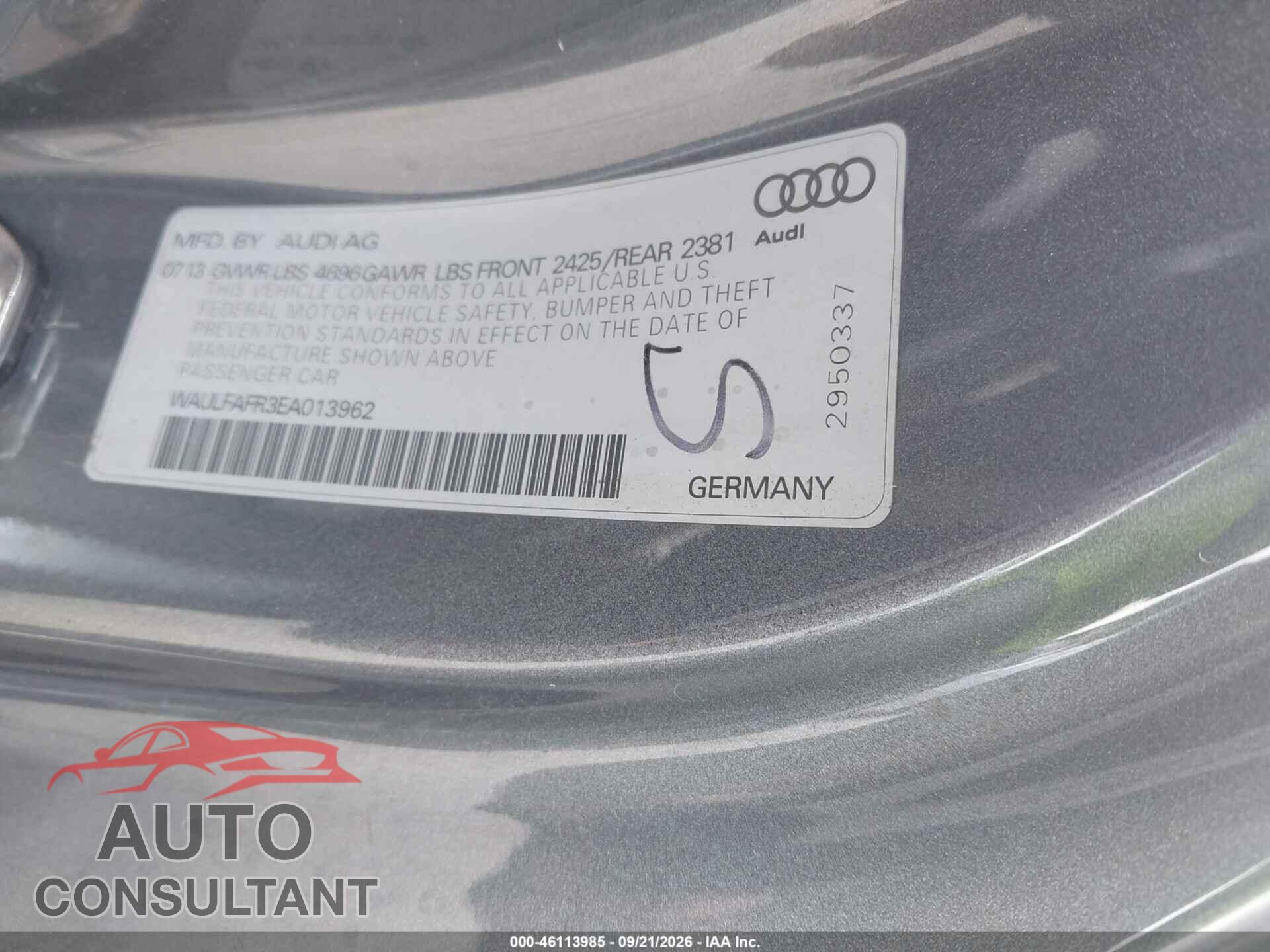 AUDI A5 2014 - WAULFAFR3EA013962