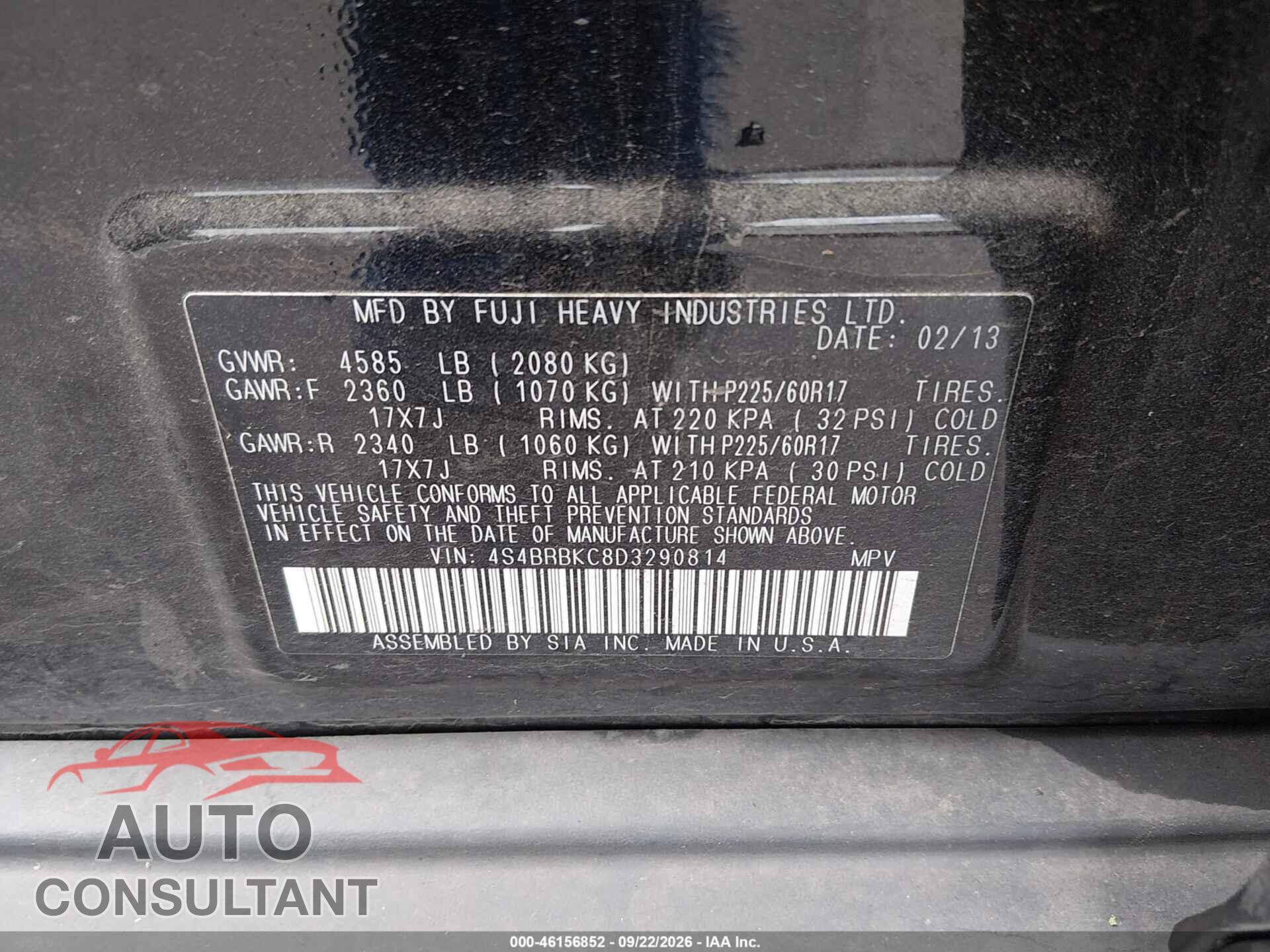 SUBARU OUTBACK 2013 - 4S4BRBKC8D3290814