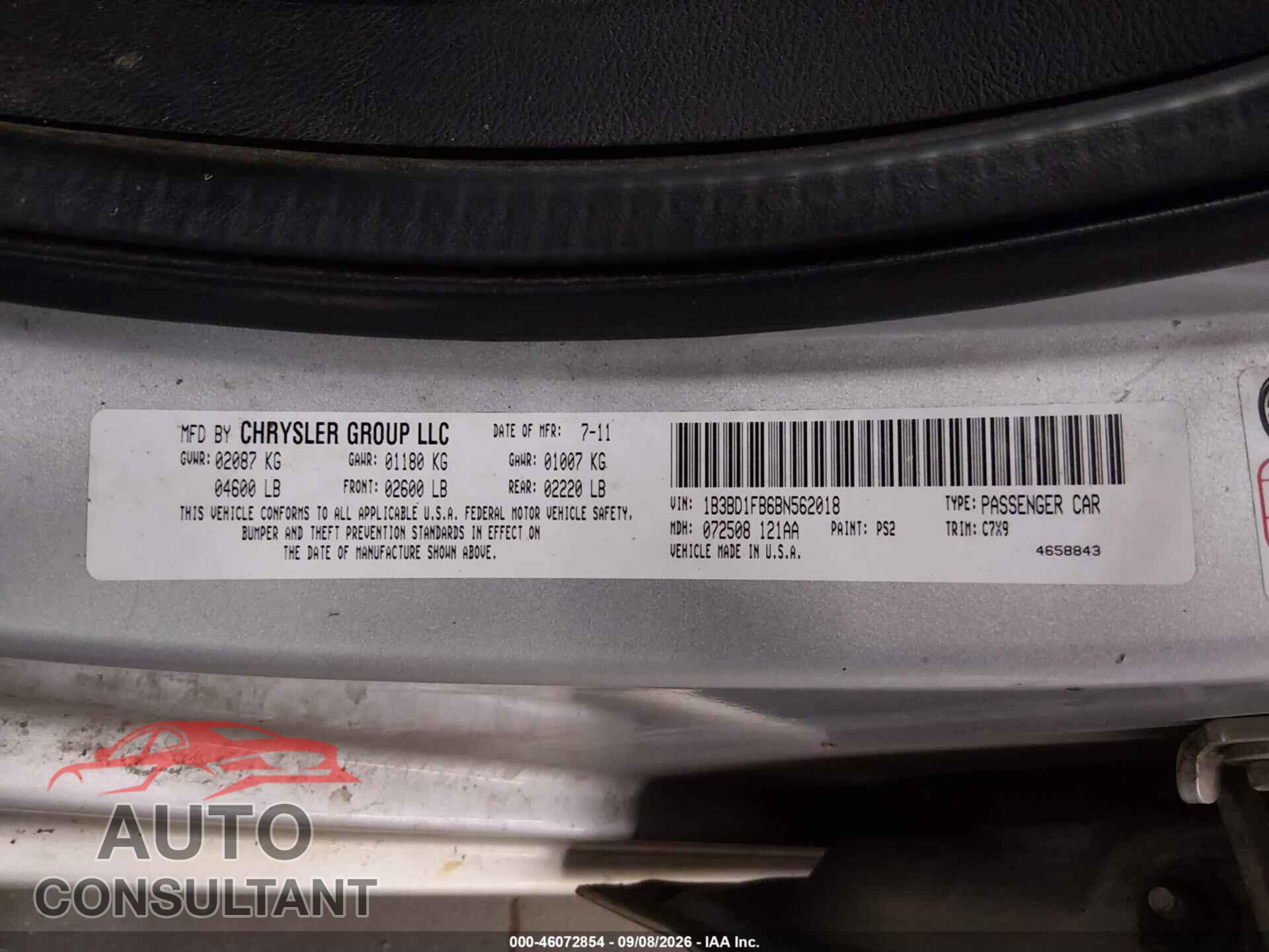 DODGE AVENGER 2011 - 1B3BD1FB6BN562018