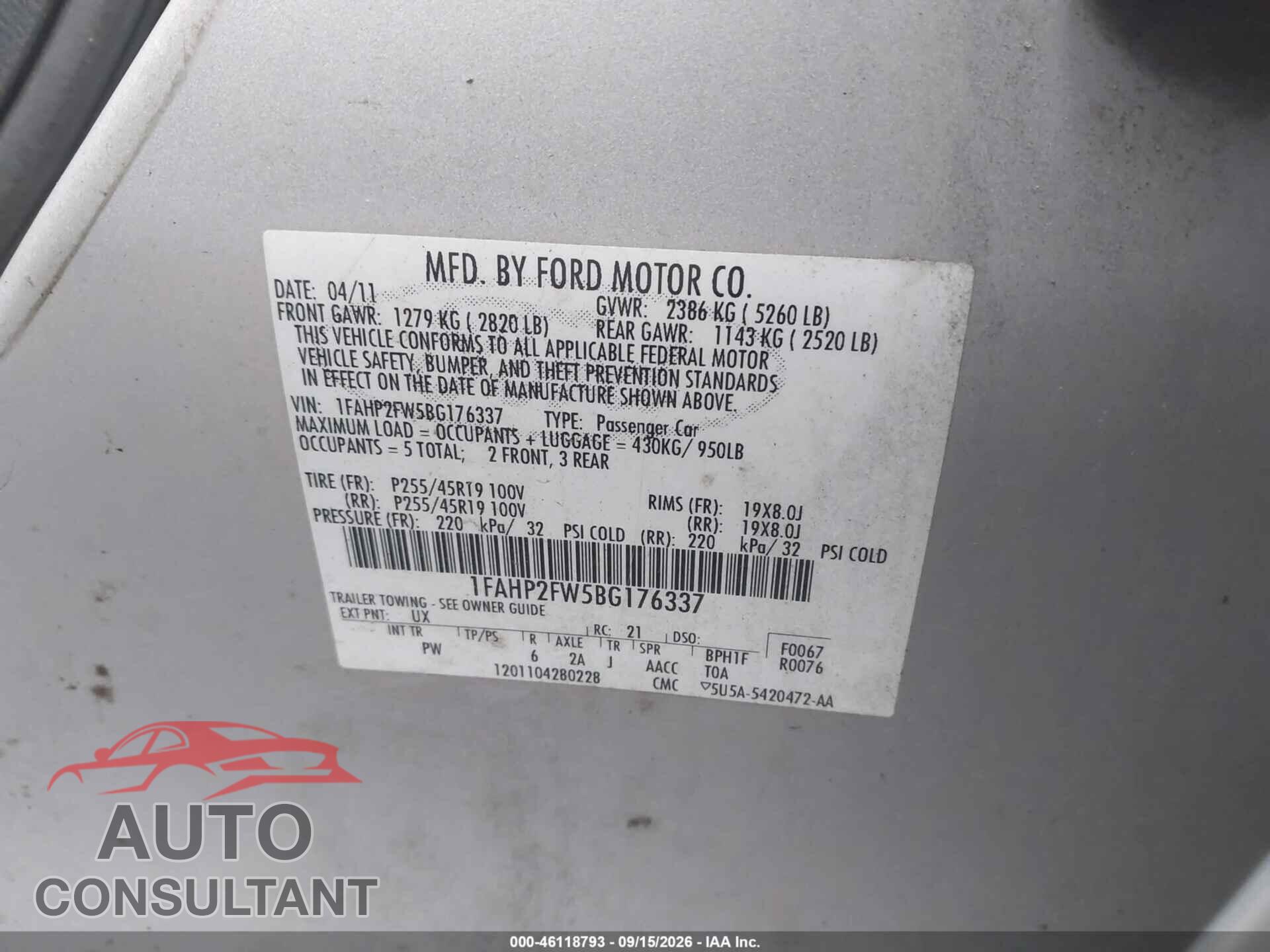 FORD TAURUS 2011 - 1FAHP2FW5BG176337