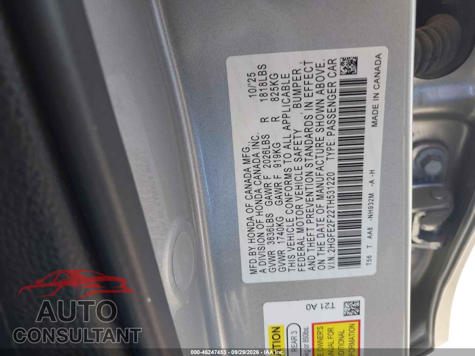 HONDA CIVIC 2026 - 2HGFE2F22TH531220