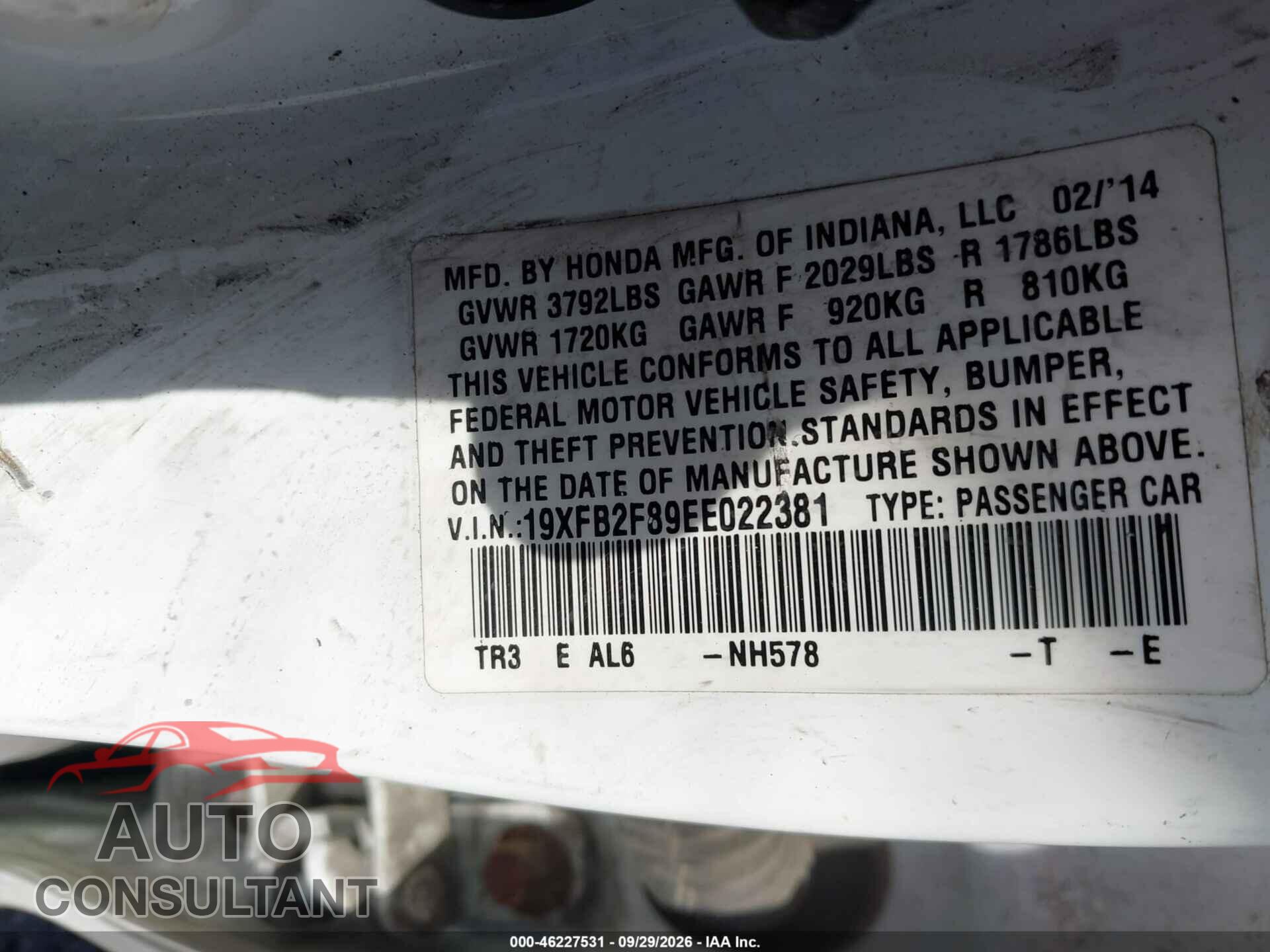 HONDA CIVIC 2014 - 19XFB2F89EE022381