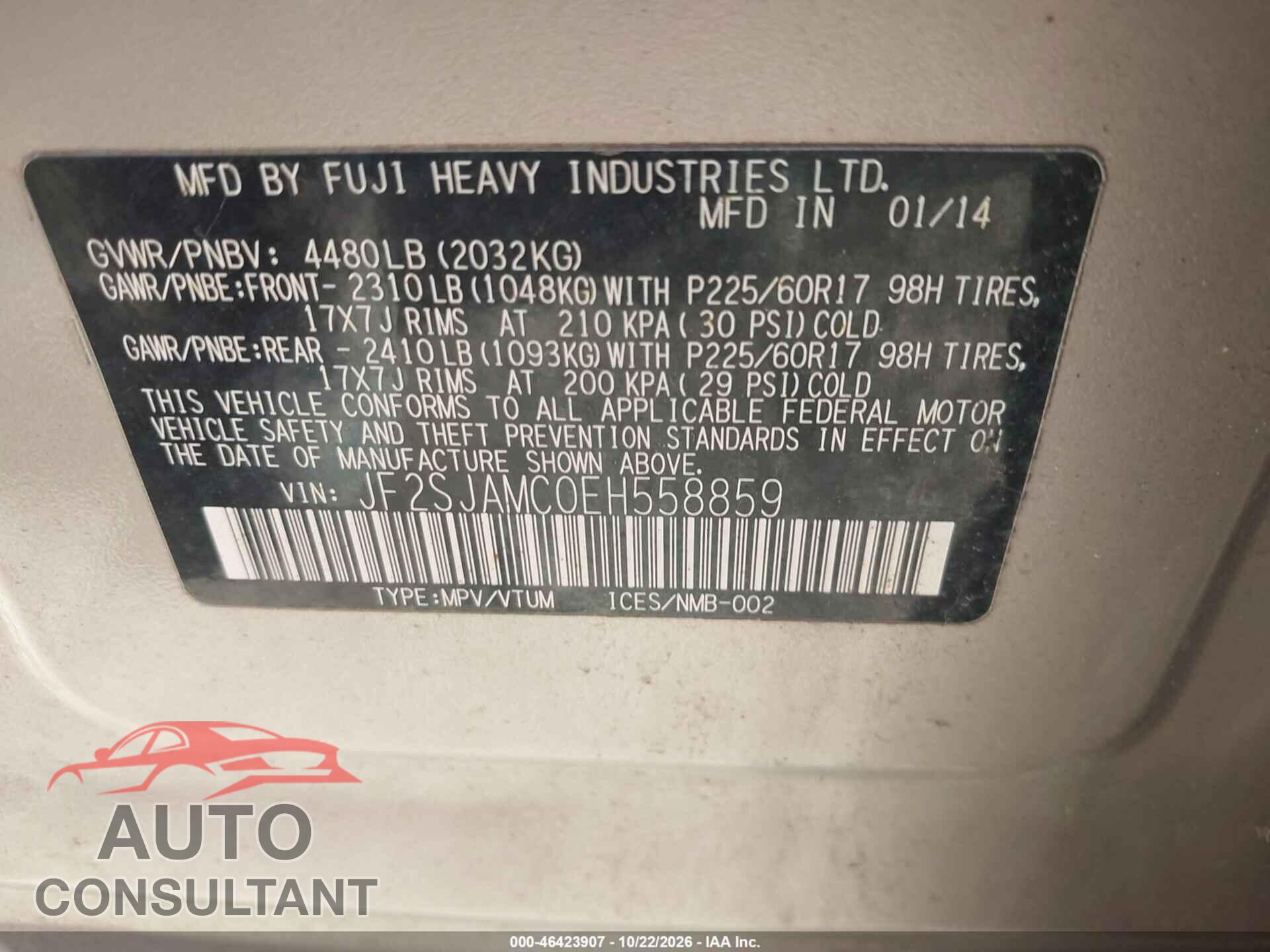 SUBARU FORESTER 2014 - JF2SJAMC0EH558859