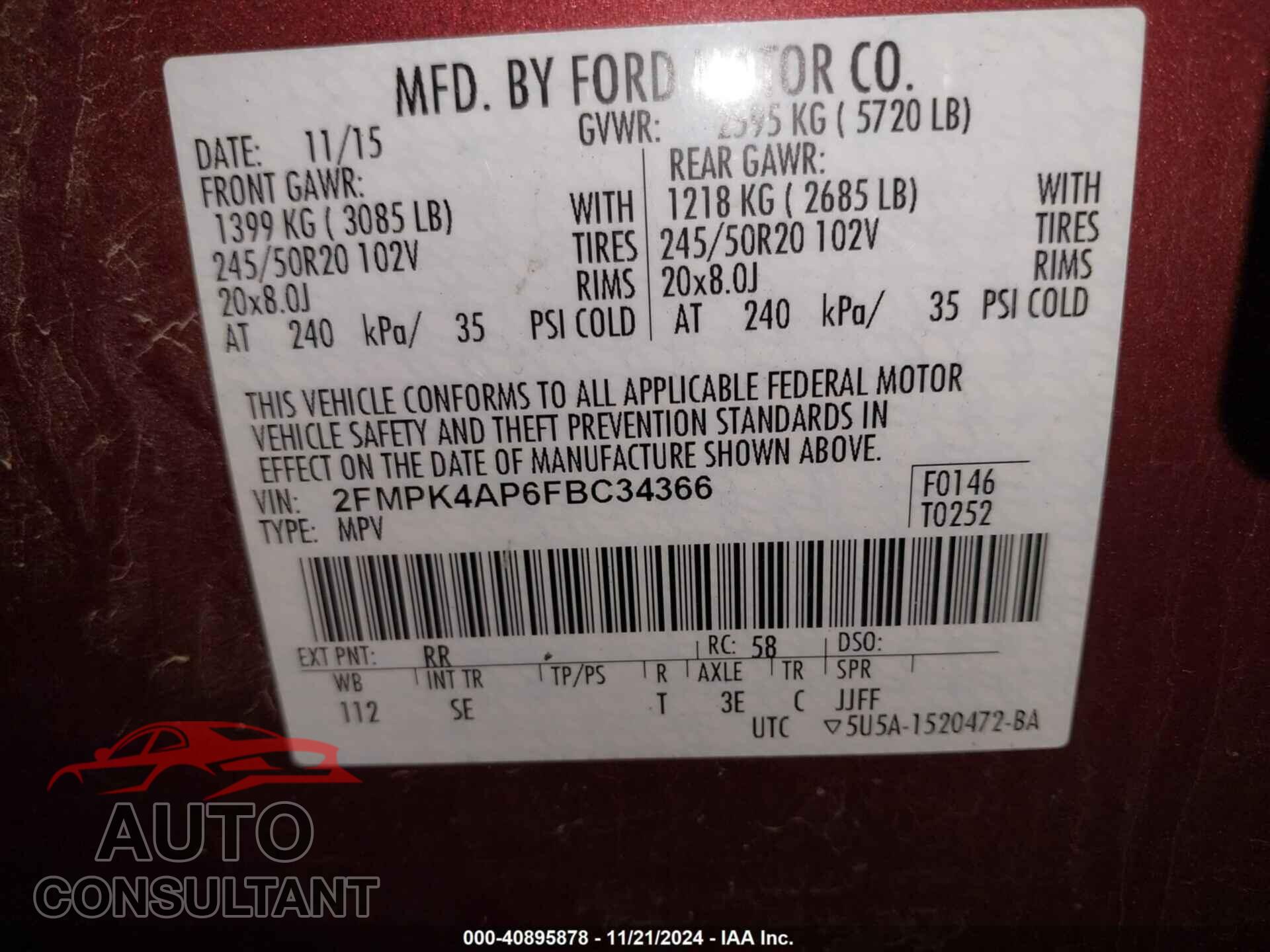 FORD EDGE 2015 - 2FMPK4AP6FBC34366