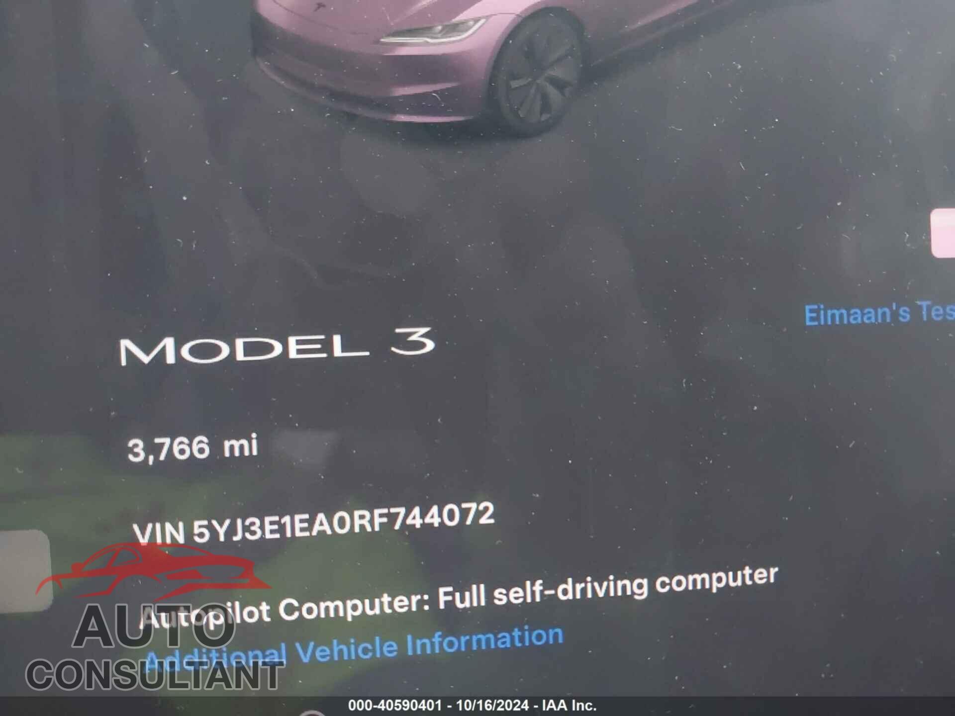 TESLA MODEL 3 2024 - 5YJ3E1EA0RF744072