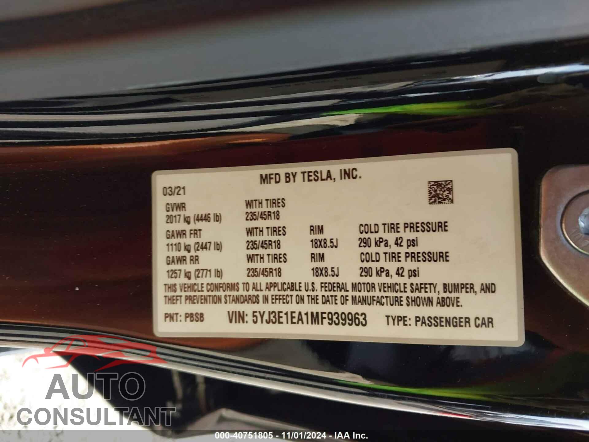 TESLA MODEL 3 2021 - 5YJ3E1EA1MF939963