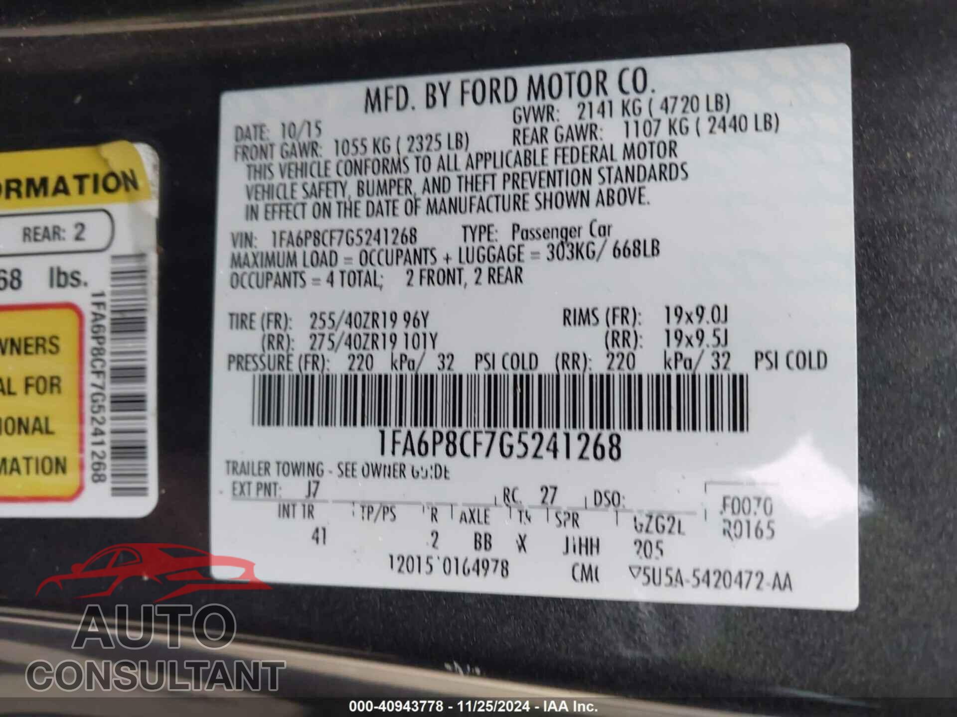 FORD MUSTANG 2016 - 1FA6P8CF7G5241268