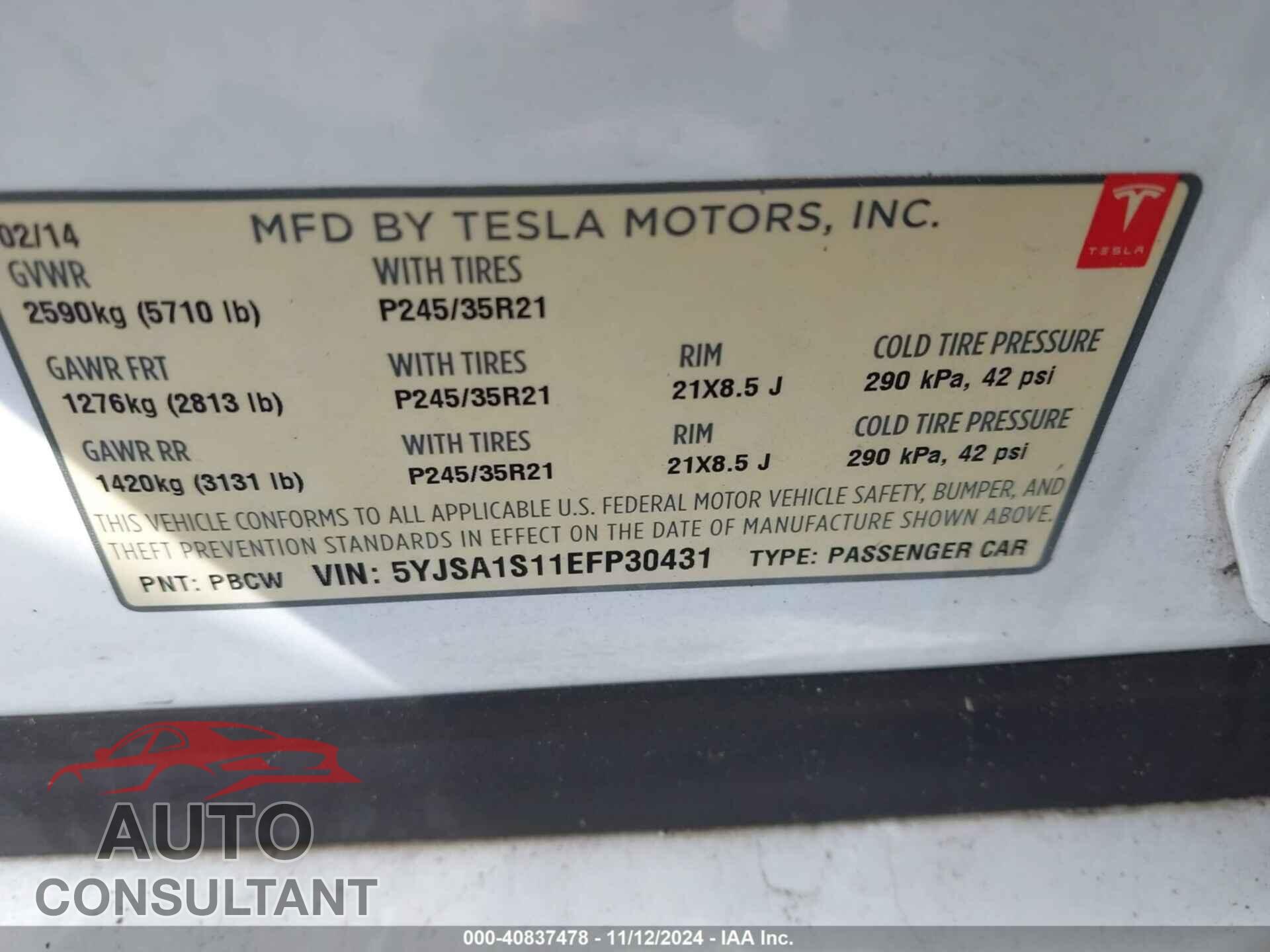 TESLA MODEL S 2014 - 5YJSA1S11EFP30431