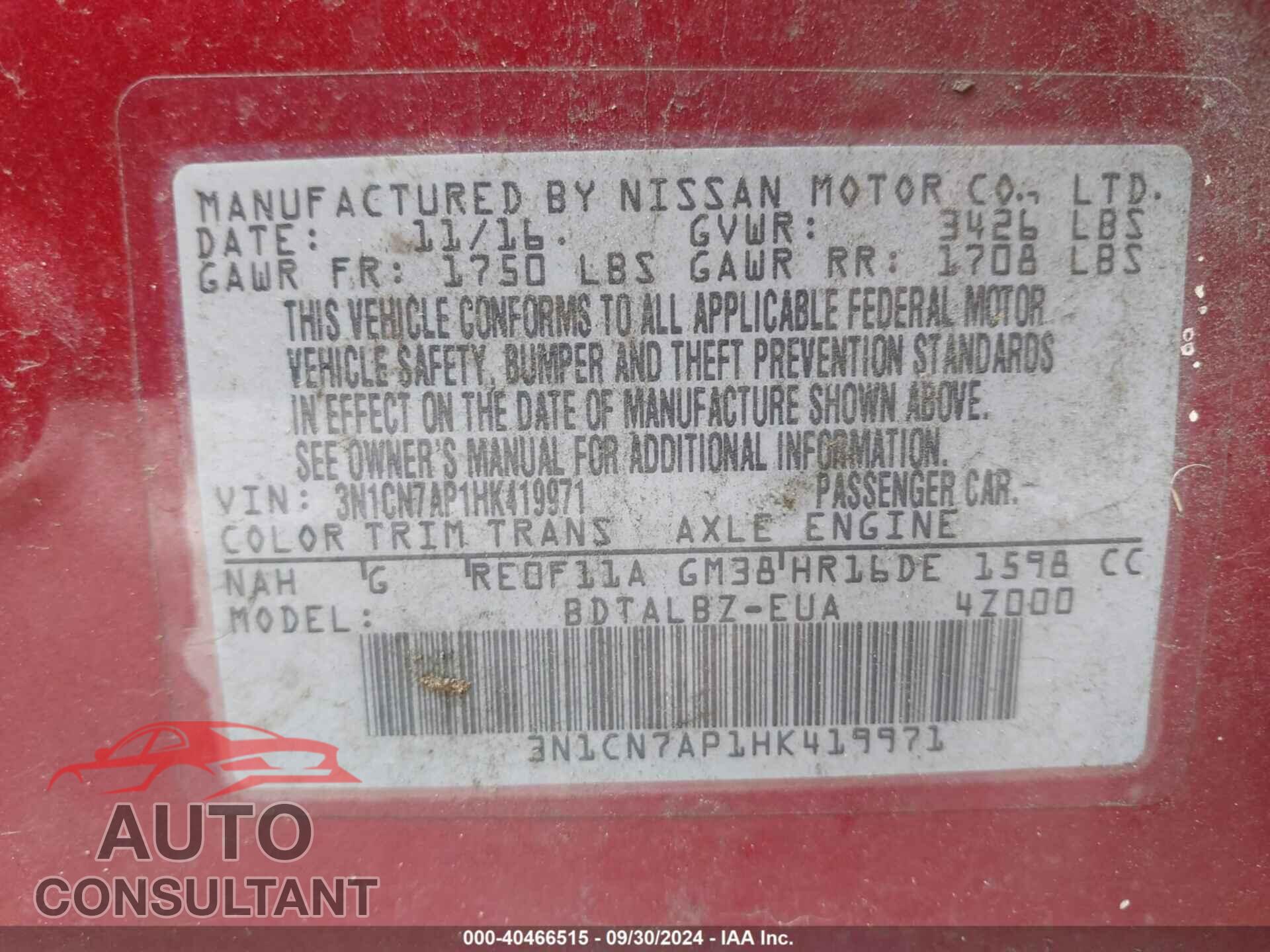 NISSAN VERSA 2017 - 3N1CN7AP1HK419971